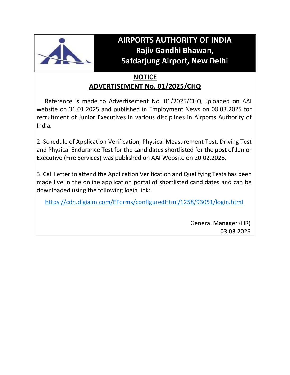 Official Admit Card Link for AAI Junior Executive Admit Card 2026 Download Link, Current Call Letter Status and Key Instructions