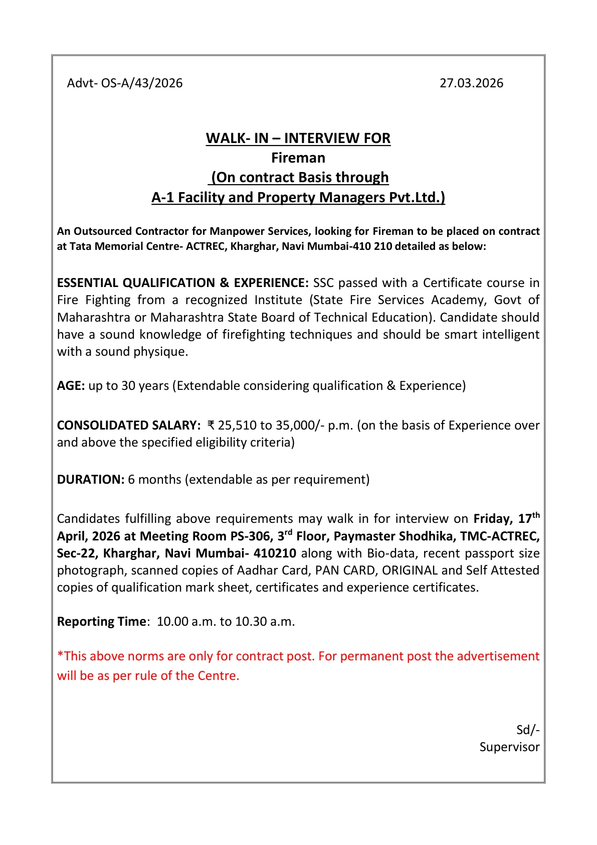 Official Recruitment Notification for ACTREC Fireman Recruitment 2026 - Walkin