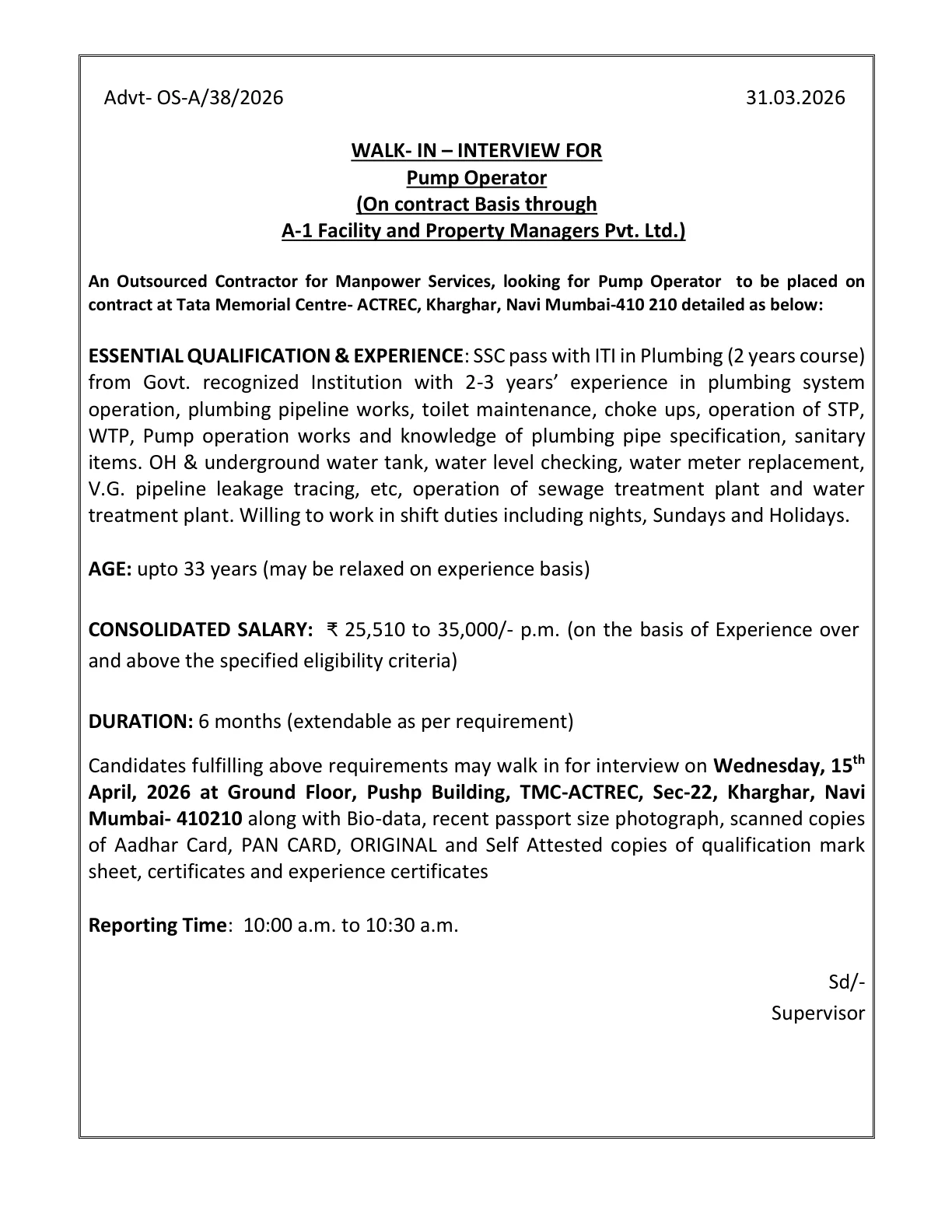 Official Recruitment Notification for ACTREC Recruitment 2026 – Walk in for Junior Engineer, Pump Operator and More Posts