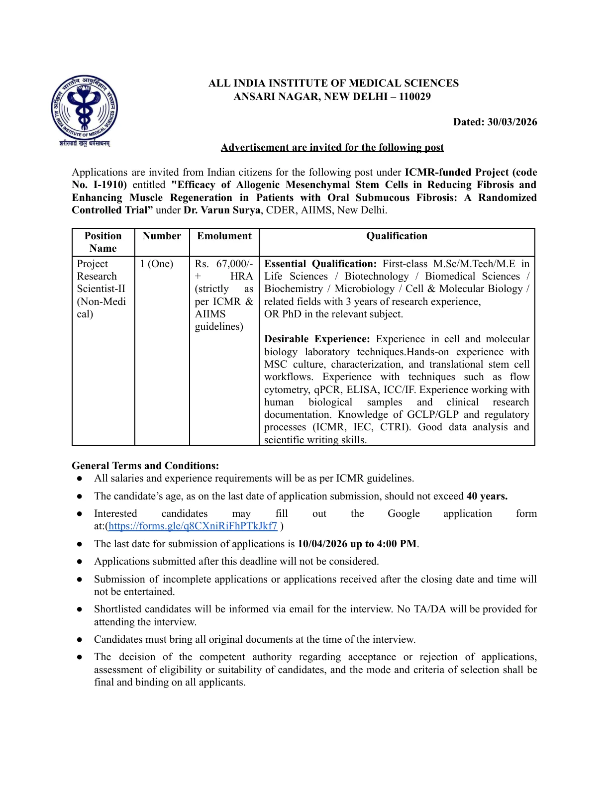 Official Recruitment Notification for AIIMS Delhi Project Research Scientist II Recruitment 2026 - Apply Online