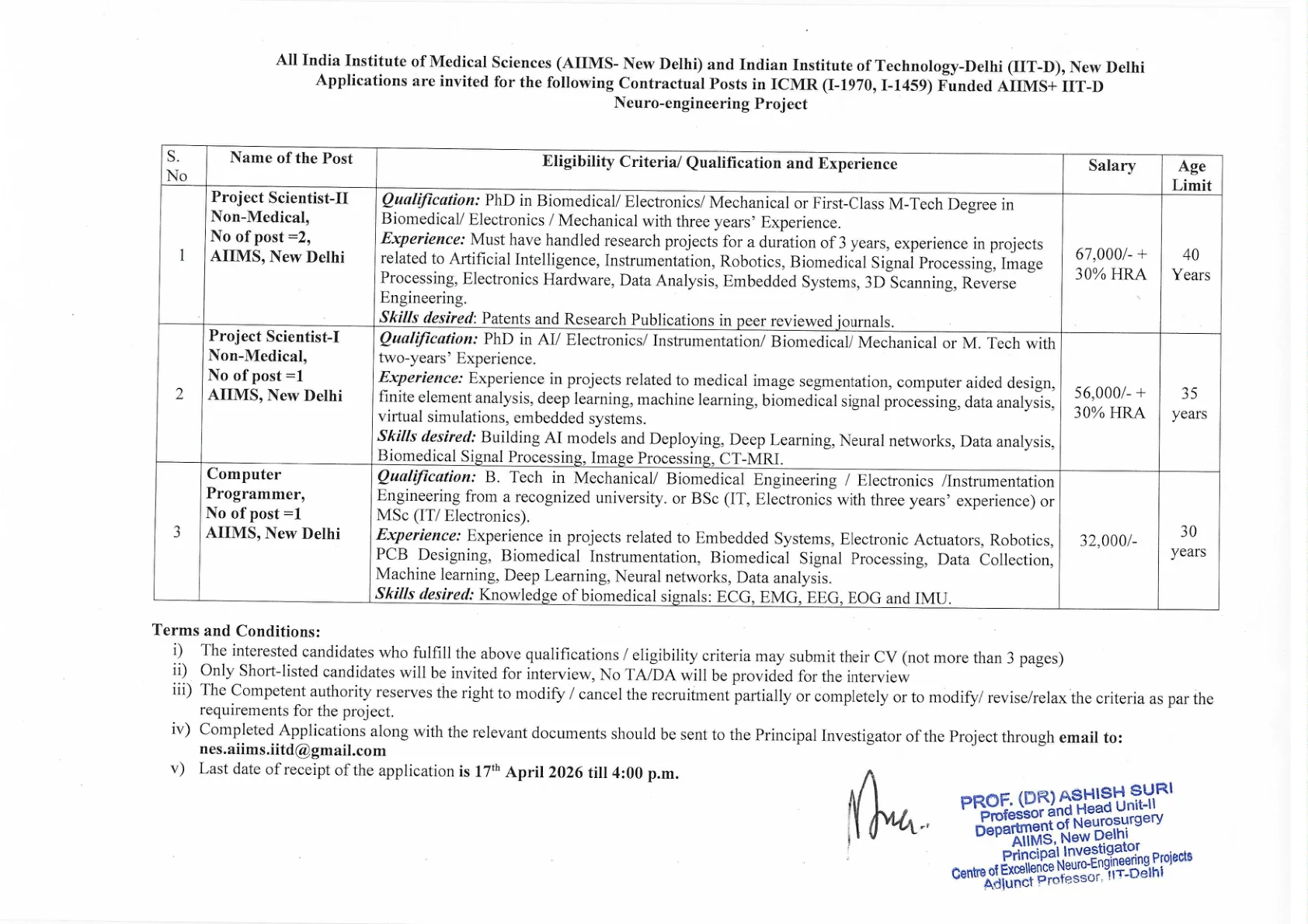 Official Recruitment Notification for AIIMS Delhi Recruitment 2026 - Apply Online for Project Scientist, Computer Programmer Posts