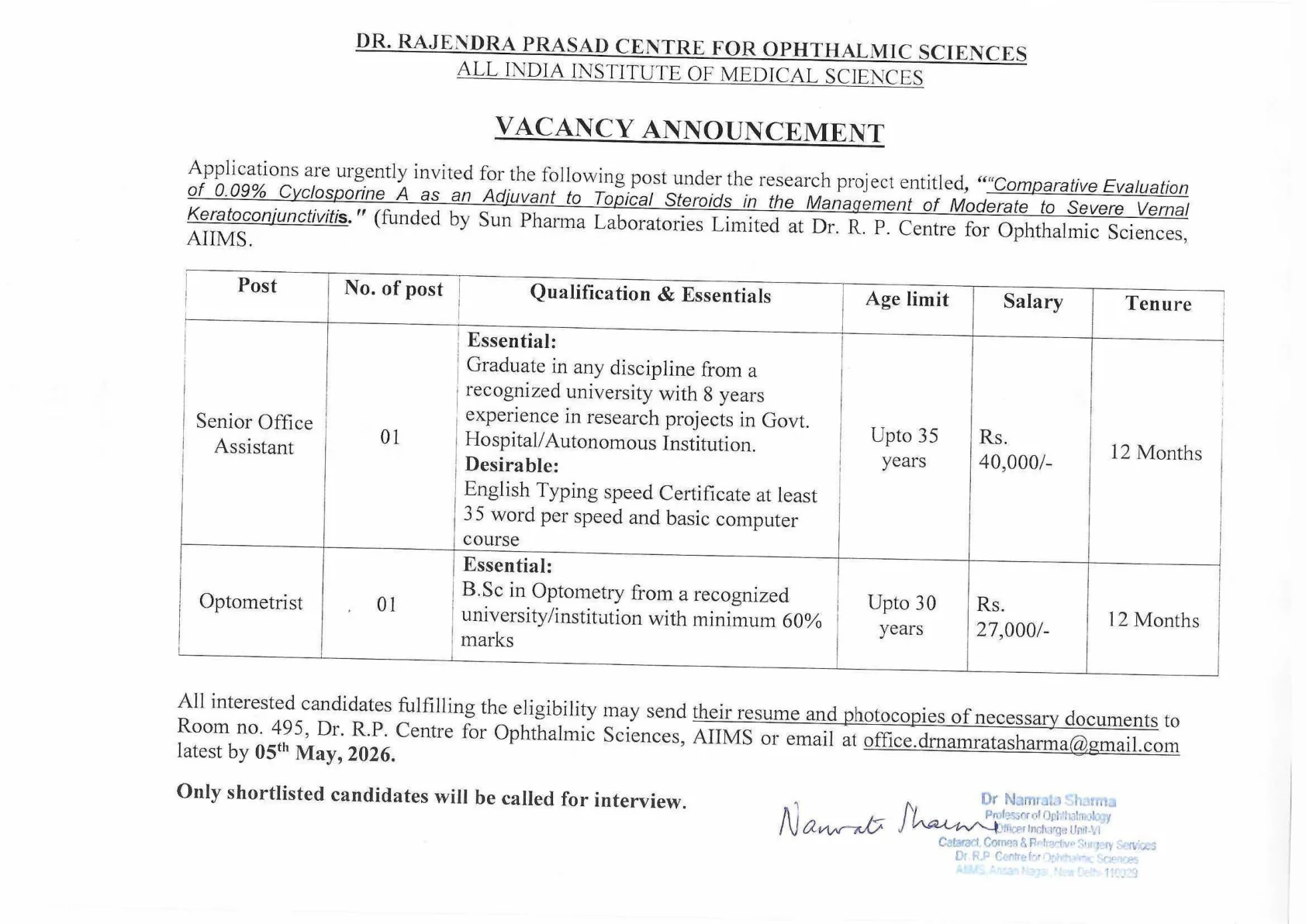 Official Recruitment Notification for AIIMS Delhi Recruitment 2026 for Senior Office Assistant and Optometrist: Eligibility, Last Date and Application Steps