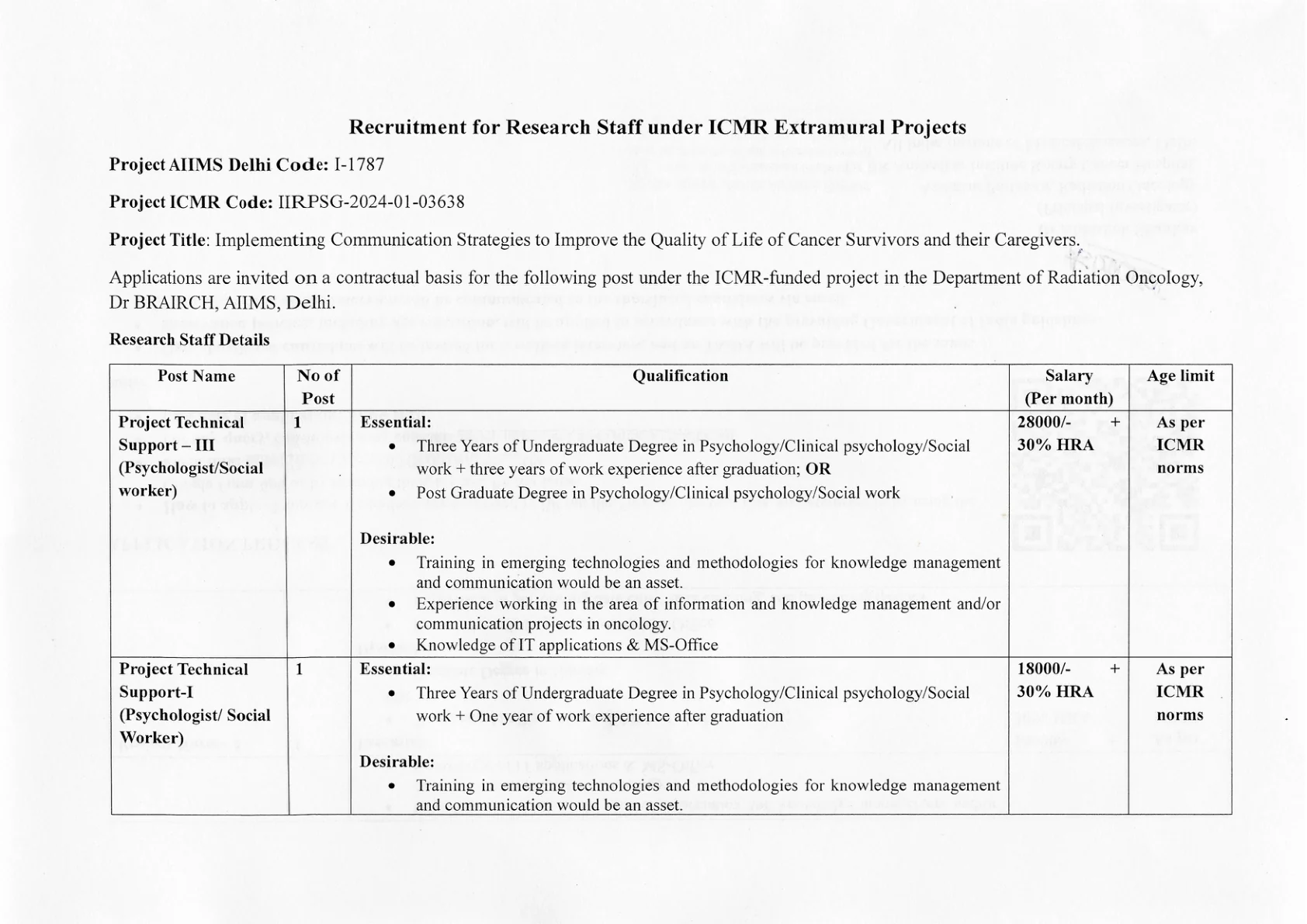 Official Recruitment Notification for AIIMS Delhi Recruitment 2026 - Apply Online for Project Technical Support - III, Project Technical Support - I, Project Nurse - I Posts