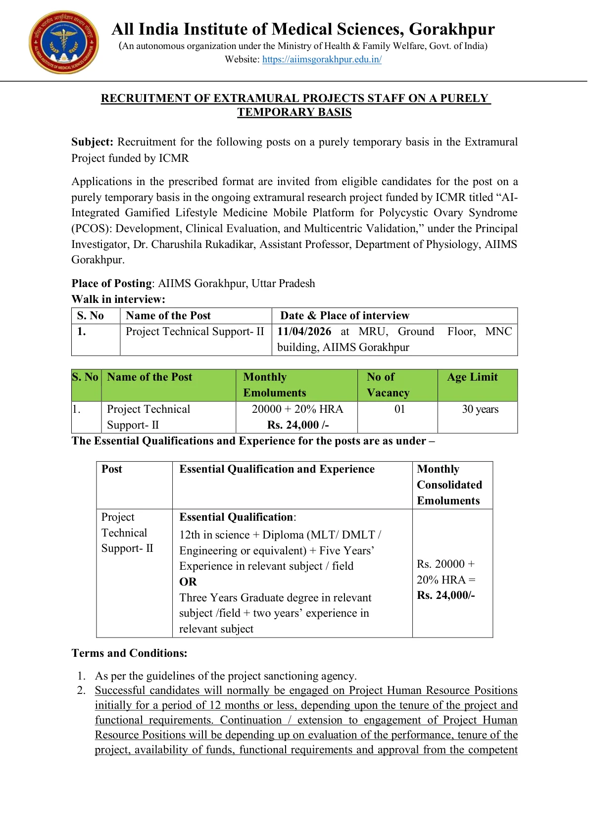 Official Recruitment Notification for AIIMS Gorakhpur Project Technical Support II Recruitment 2026 - Walkin