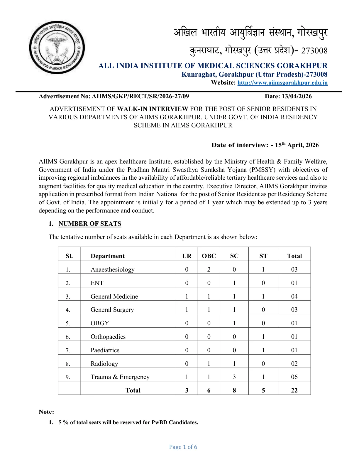 Official Recruitment Notification for AIIMS Gorakhpur Walk-in Recruitment 2026 for 22 Senior Resident Posts
