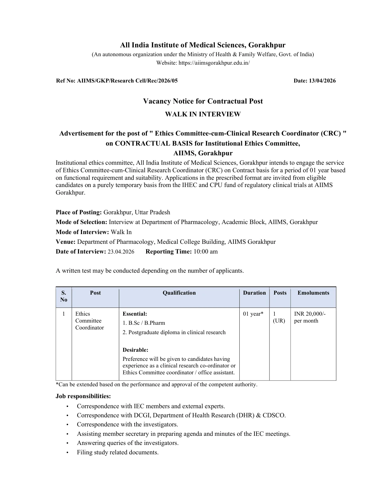 Official Recruitment Notification for AIIMS Gorakhpur Ethics Committee Coordinator Recruitment 2026 Walk-in: Date, Eligibility, Salary and Form