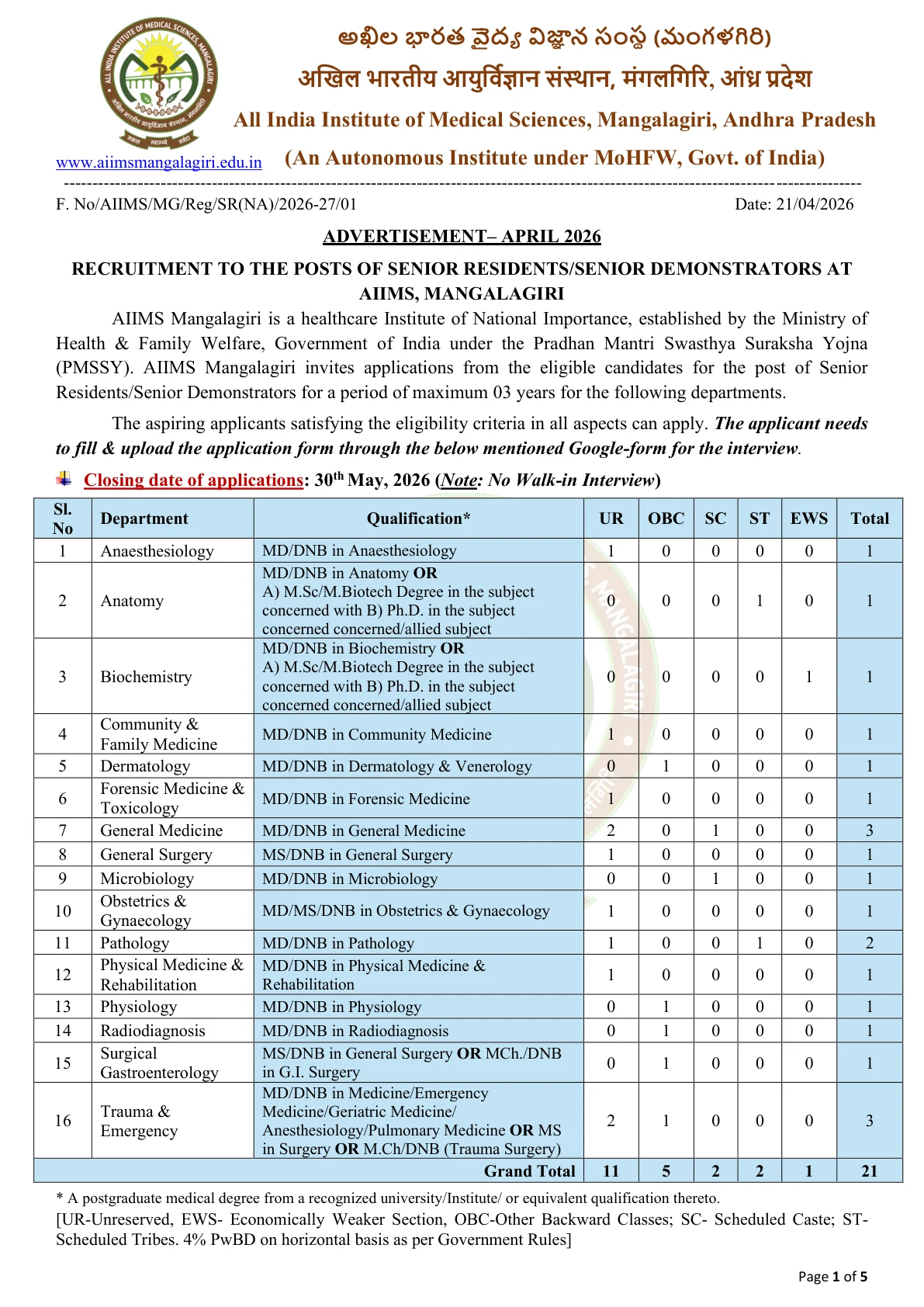 Official Recruitment Notification for AIIMS Mangalagiri Recruitment 2026 for 21 Senior Residents and Senior Demonstrators: Eligibility, Fees, Last Date and Department-Wise Vacancies