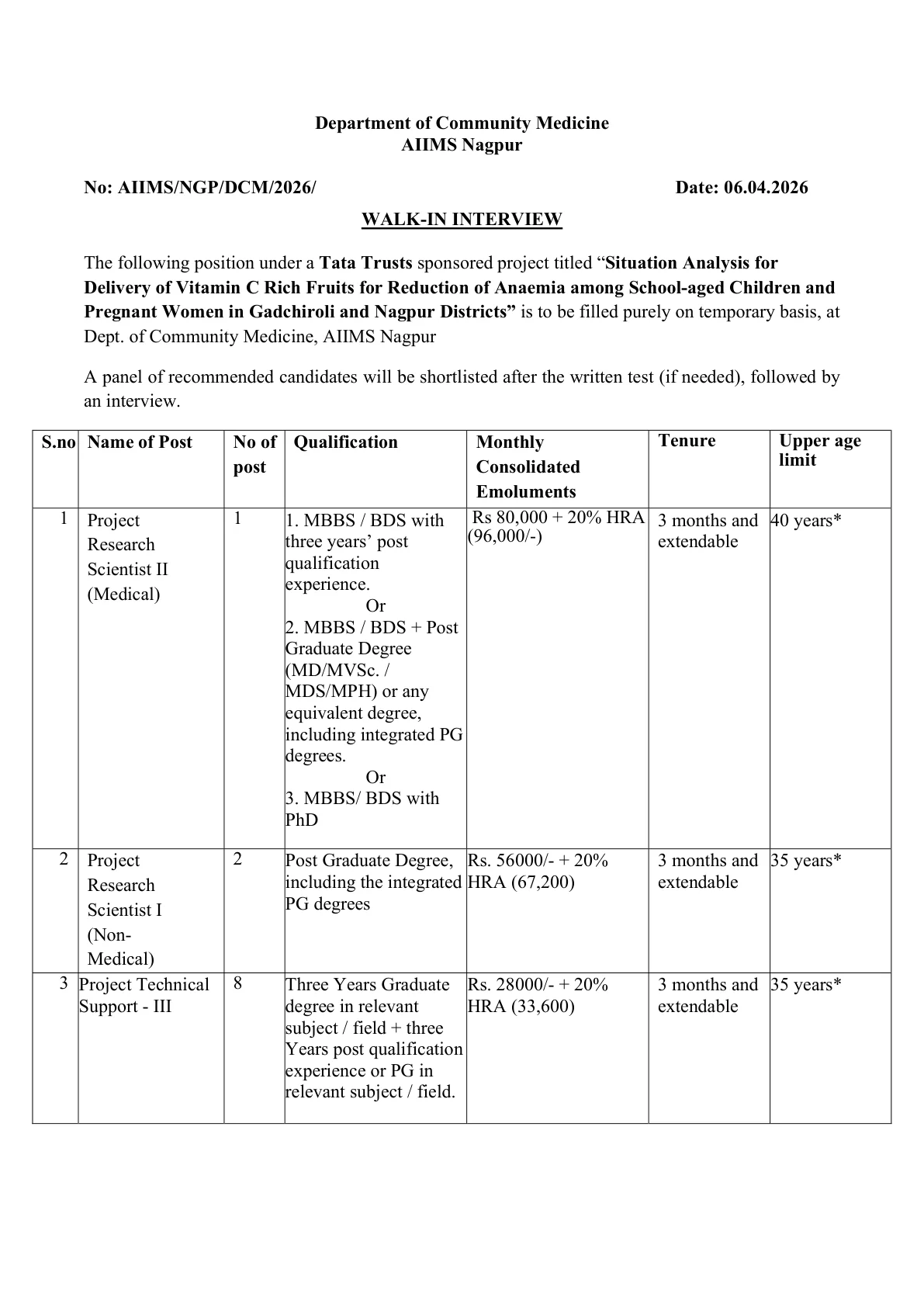 Official Recruitment Notification for AIIMS Nagpur Recruitment 2026 - Apply Online for 17 Project Research Scientist, Project Technical Support Posts