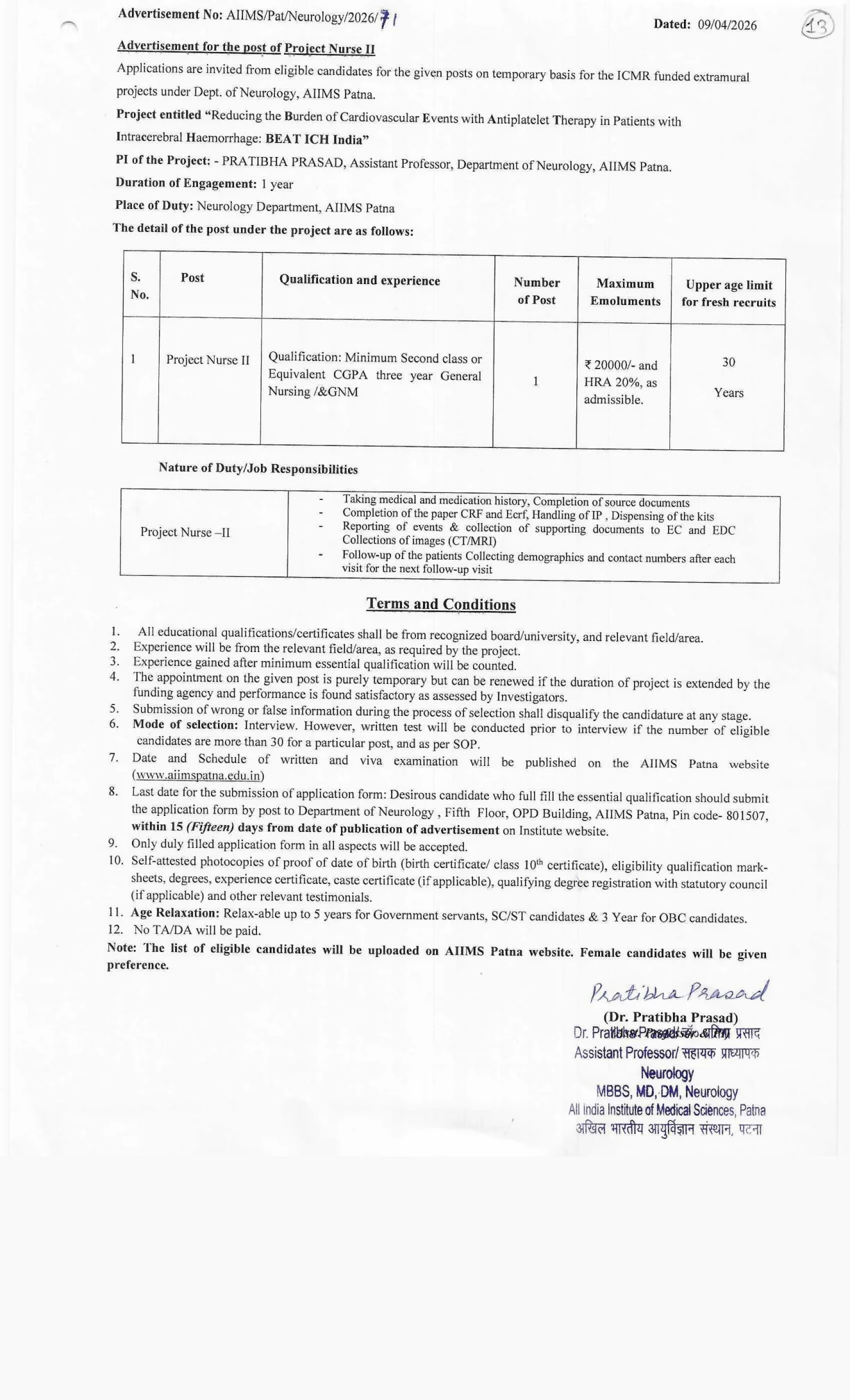 Official Recruitment Notification for AIIMS Patna Project Nurse II Recruitment 2026 - Apply Offline