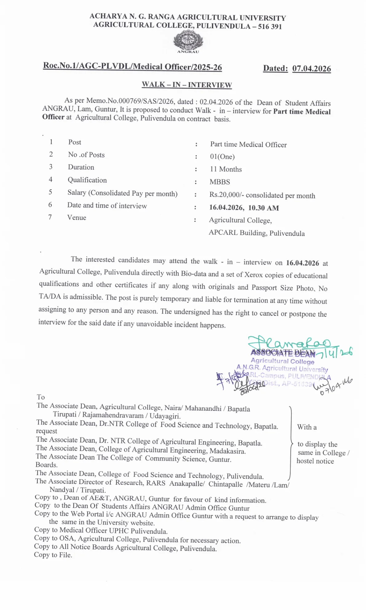 Official Recruitment Notification for ANGRAU Part time Medical Officer Recruitment 2026 - Walkin