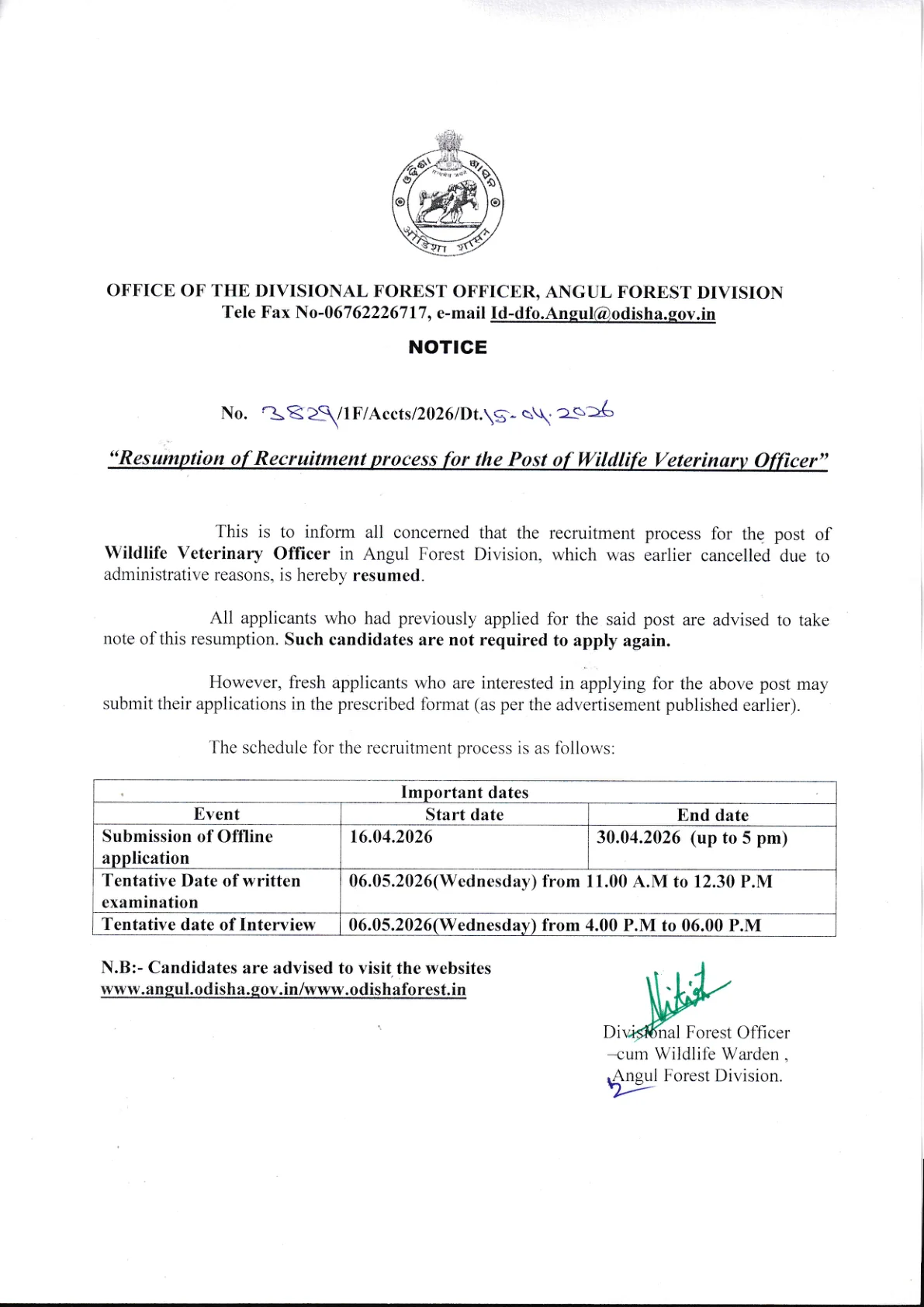 Official Recruitment Notification for Angul Forest Division Wildlife Veterinary Officer Recruitment 2026: Check Eligibility, Salary, Selection Process and Apply Offline