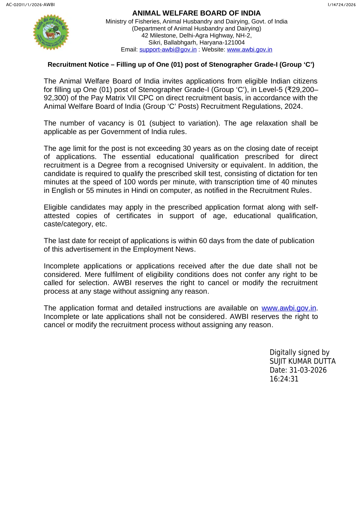 Official Recruitment Notification for AWBI Stenographer Grade I Recruitment 2026 - Apply Offline