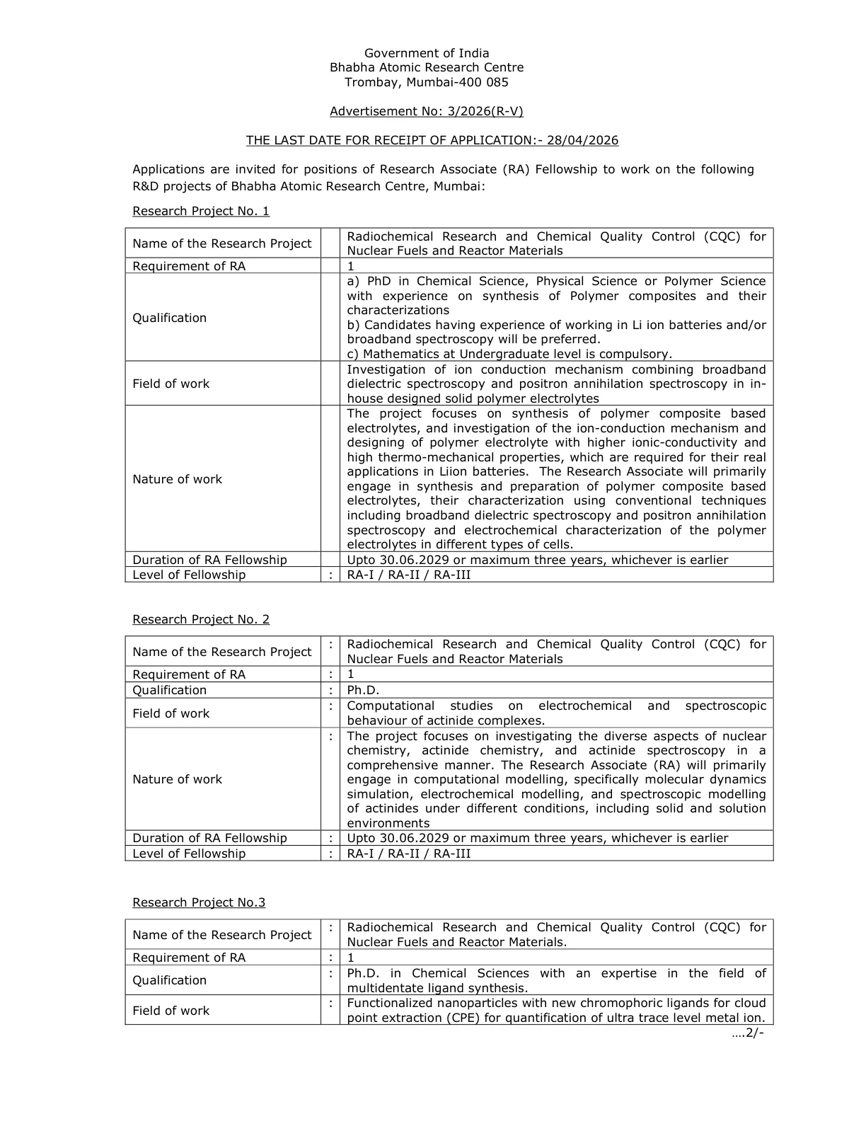 Official Recruitment Notification for BARC Research Associate Recruitment 2026: Check 56 Project Posts, Eligibility, Fellowship and Offline Application Process