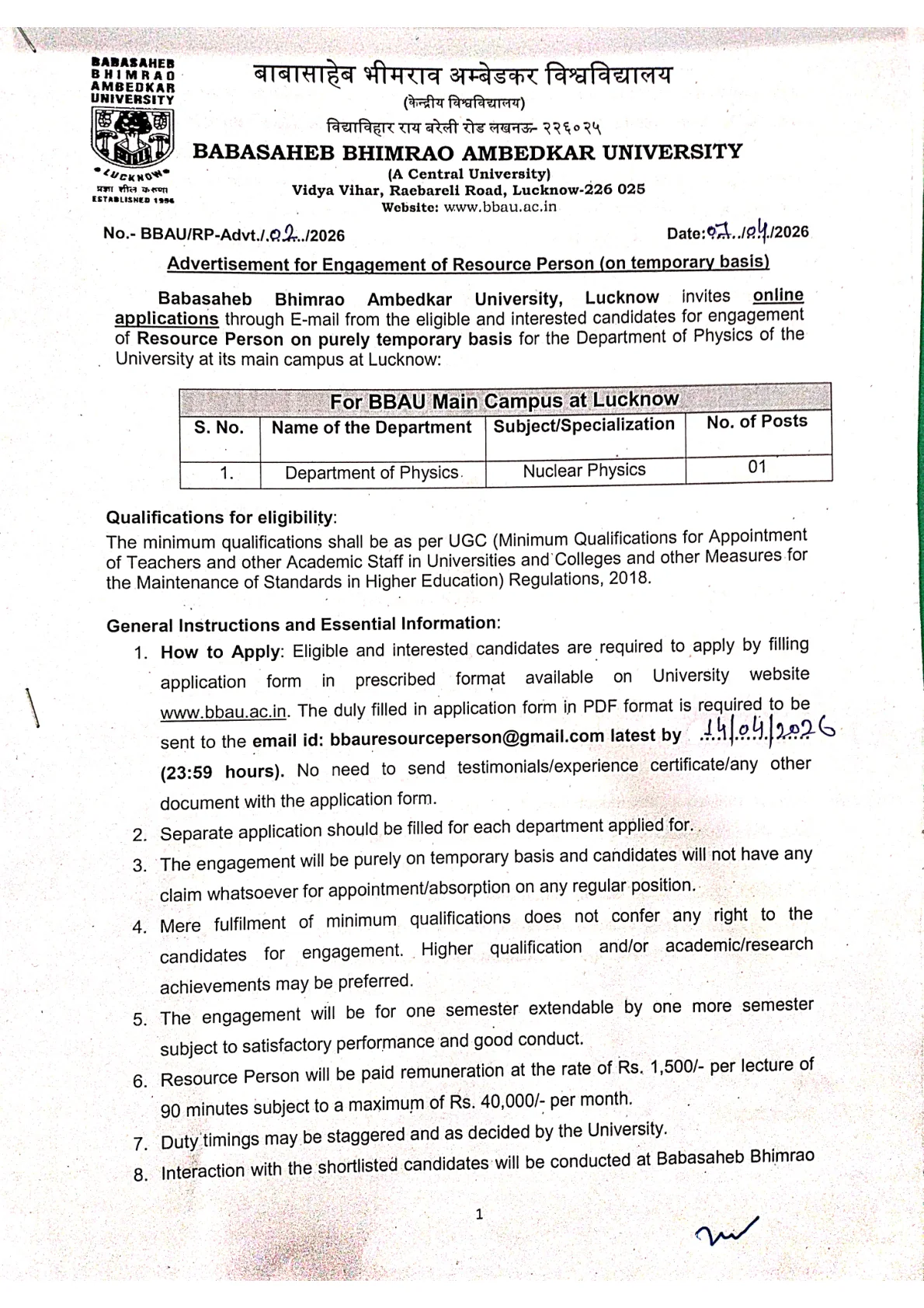 Official Recruitment Notification for BBAU Resource Person Recruitment 2026 - Apply Online
