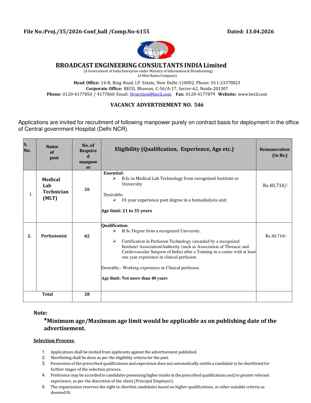 Official Recruitment Notification for BECIL Offline Recruitment 2026 for 28 Posts - Medical Lab Technician, Perfusionist - How to Apply