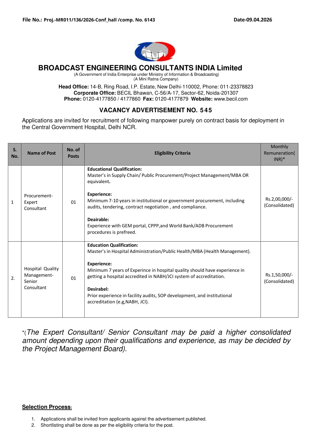 Official Recruitment Notification for BECIL Offline Recruitment 2026 for Procurement Expert Consultant and Hospital Quality Management Senior Consultant Posts