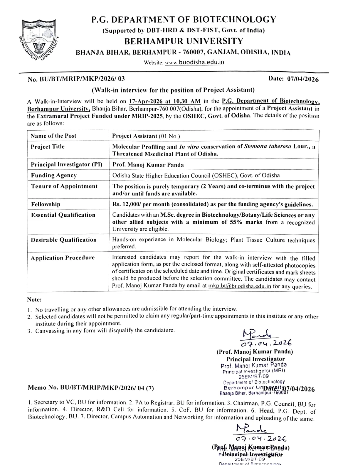 Official Recruitment Notification for Berhampur University Project Assistant Recruitment 2026 - Walk-in