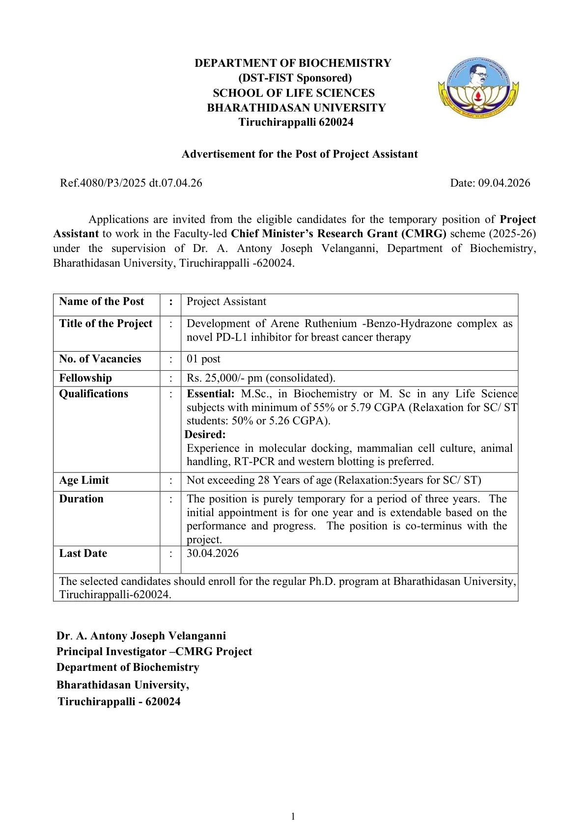 Official Recruitment Notification for Bharathidasan University Project Assistant Recruitment 2026 - Apply Online