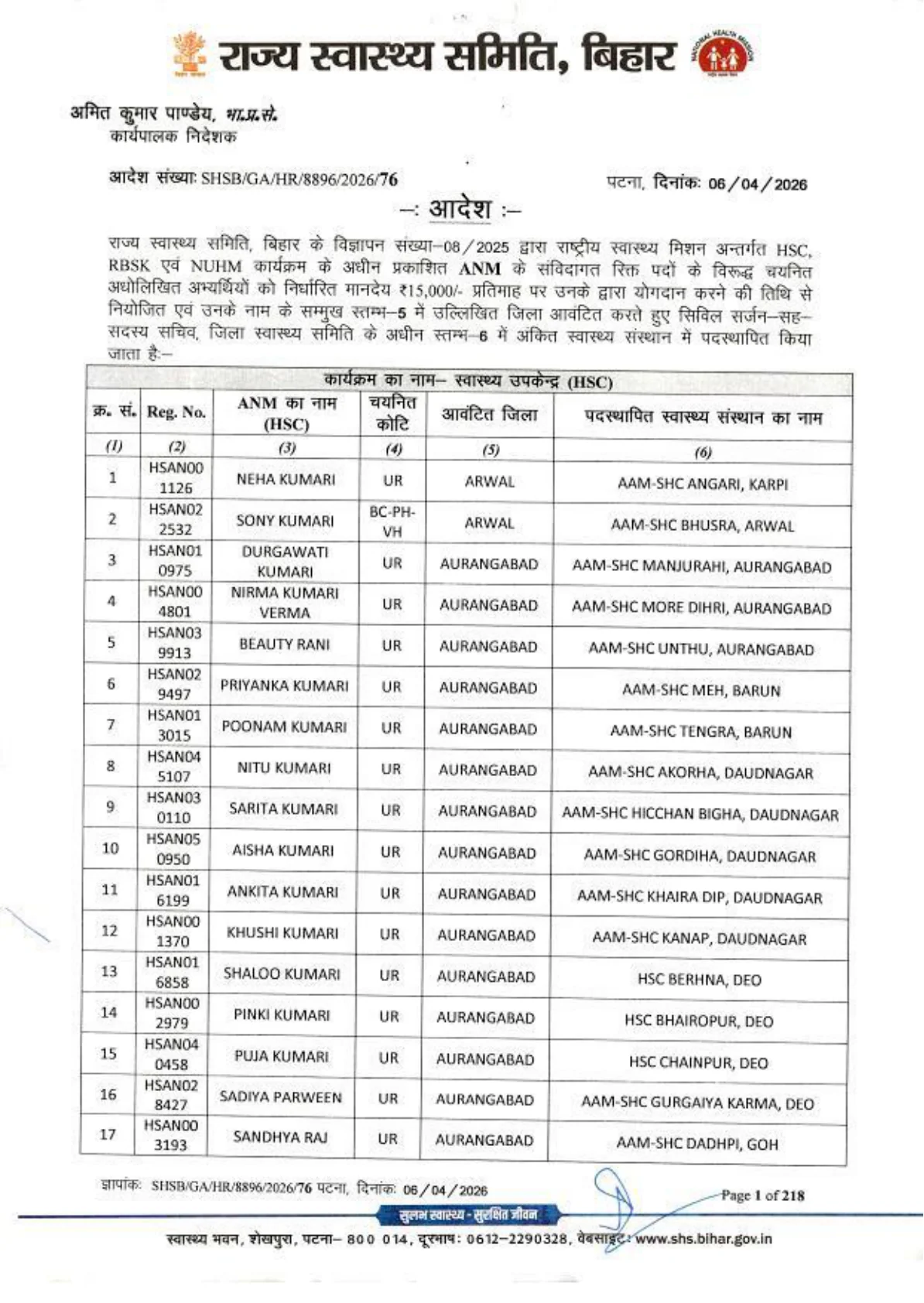 Official Admit Card Link for Bihar SHS ANM Posting Order List 2026 Out - District Wise Posting PDF Download Now
