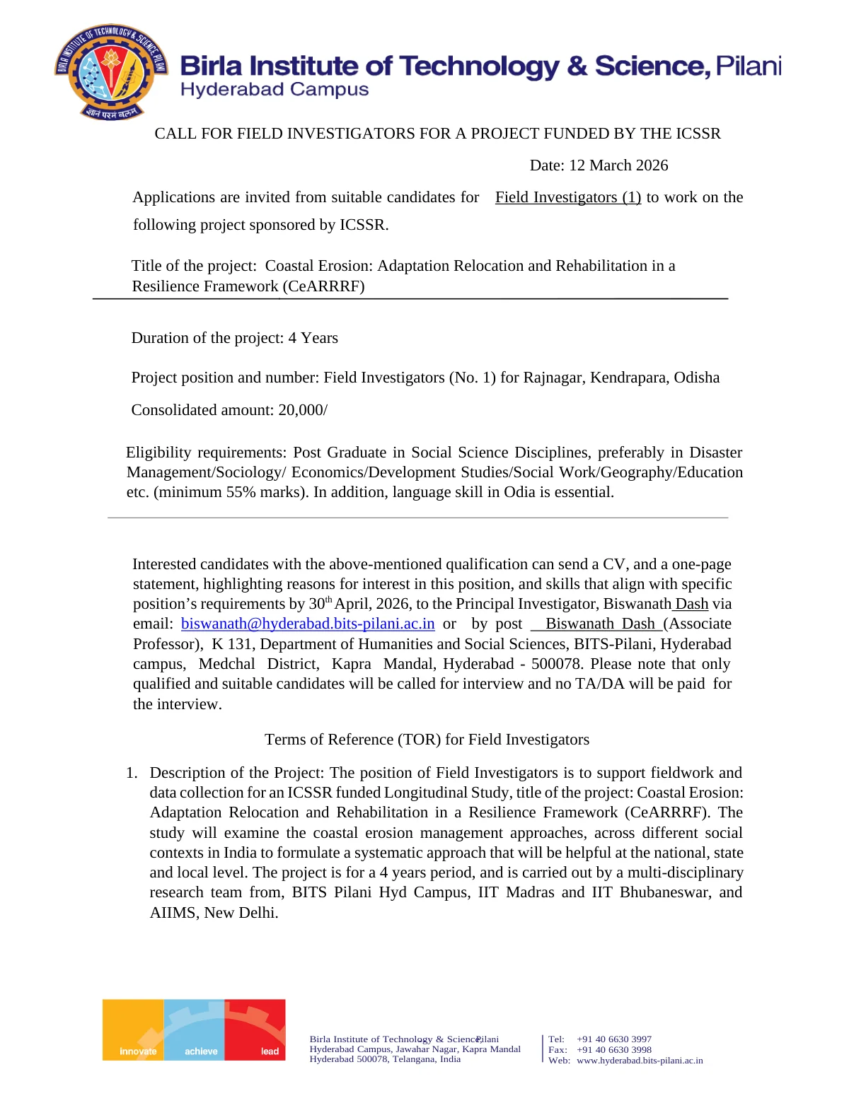 Official Recruitment Notification for BITS Pilani Hyderabad Field Investigator Recruitment 2026