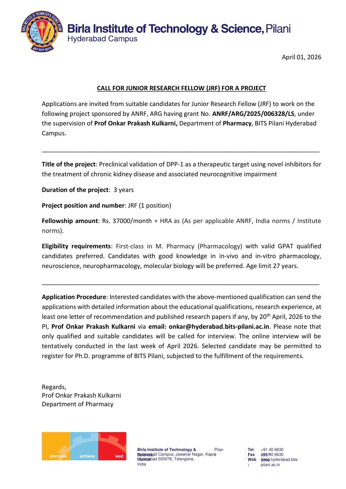 Official Recruitment Notification for BITS Pilani Junior Research Fellow Recruitment 2026