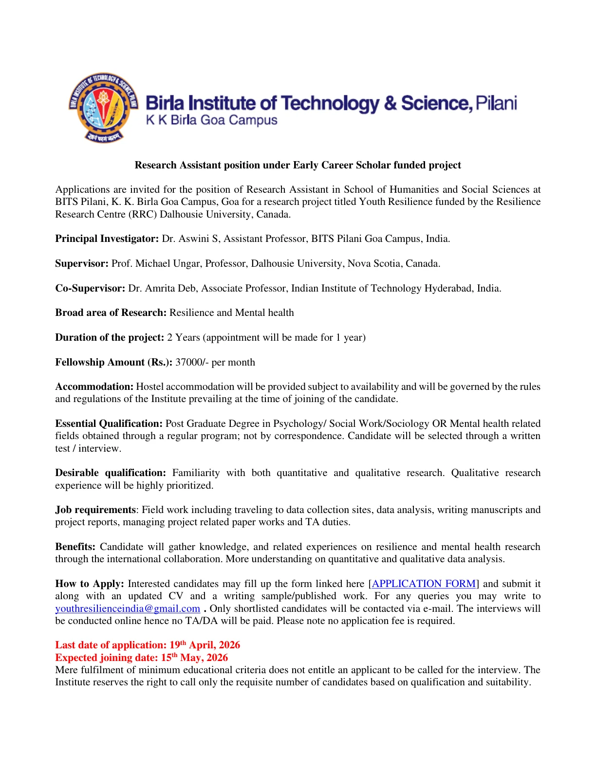 Official Recruitment Notification for BITS Pilani Research Assistant Recruitment 2026 - Apply Online