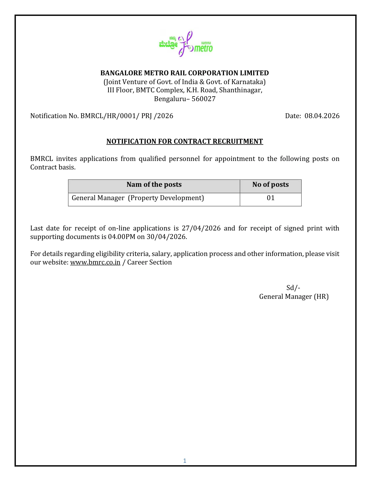 Official Recruitment Notification for BMRCL General Manager Recruitment 2026 - Apply Online