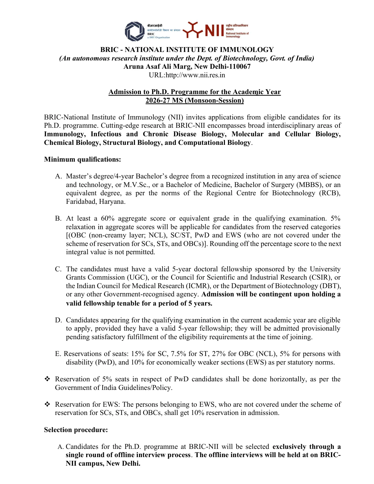 Official Admission Notice for BRIC-NII PhD Admission 2026: Monsoon Session Opens, Apply Online, Eligibility, Dates & Notification