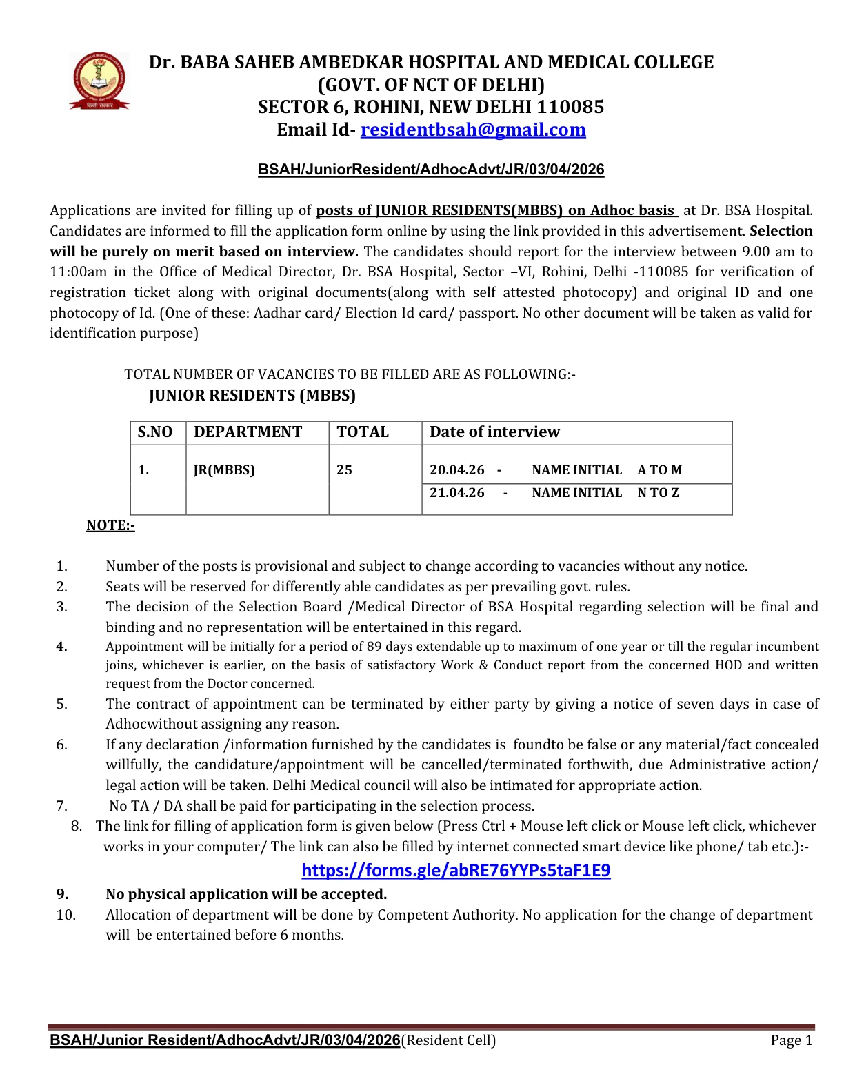 Official Recruitment Notification for BSAMCH Junior Resident Recruitment 2026 for 25 Posts: Eligibility, Last Date, Salary and How to Apply Online