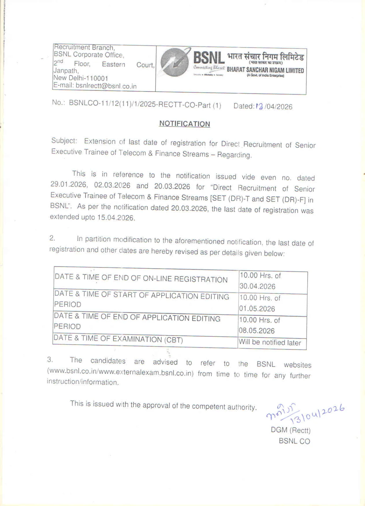 Official Recruitment Notification for BSNL Senior Executive Trainee Recruitment 2026 for 120 Posts - How to Apply Online