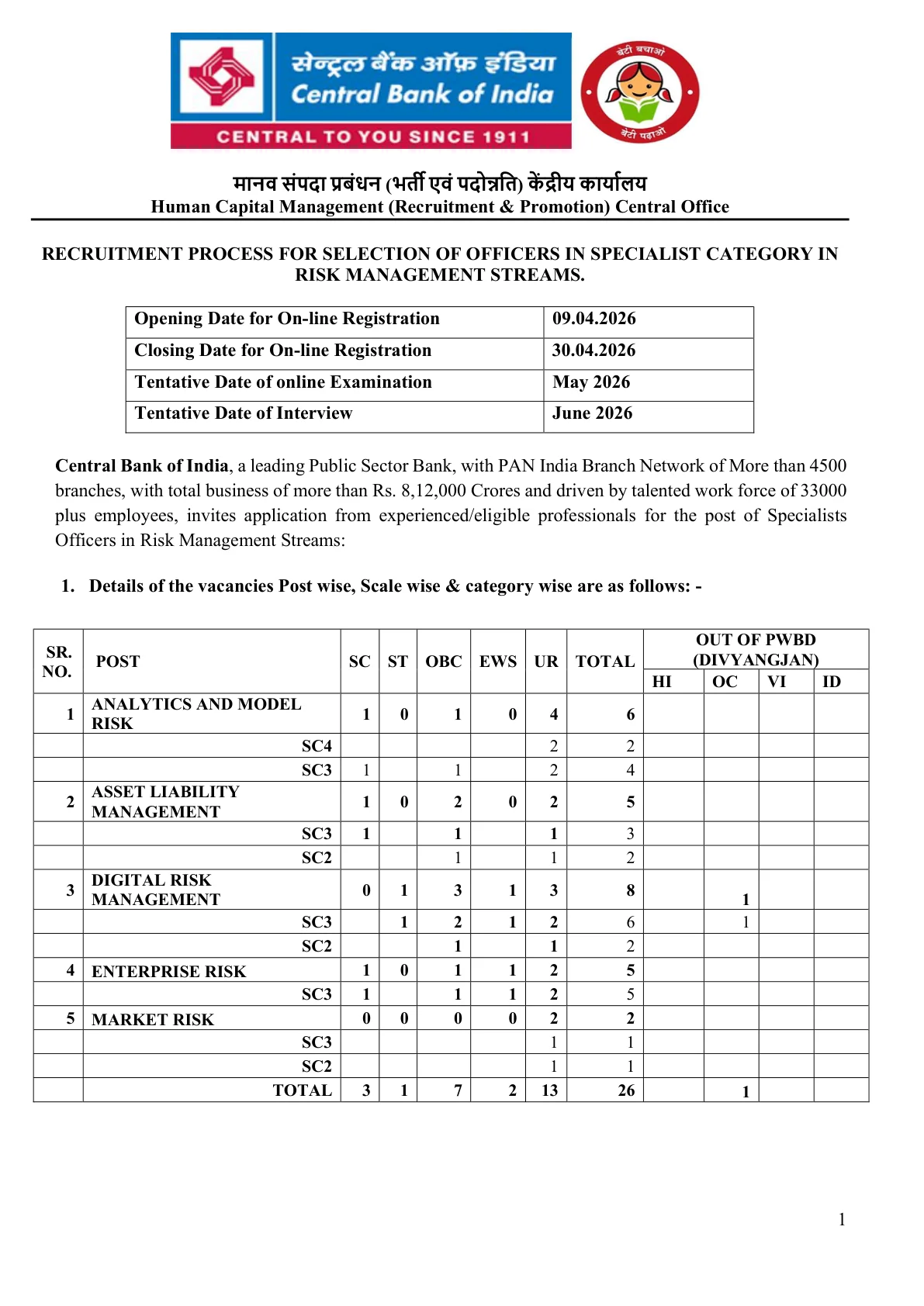 Official Recruitment Notification for Central Bank of India SO 2026 Recruitment for 26 Specialist Officers Posts