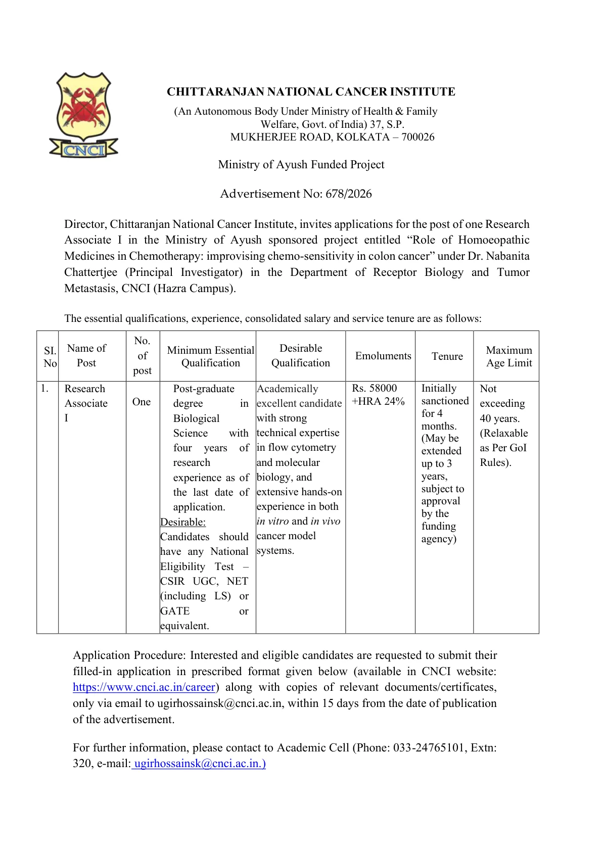 Official Recruitment Notification for CNCI Research Associate I Recruitment 2026 - Apply Online
