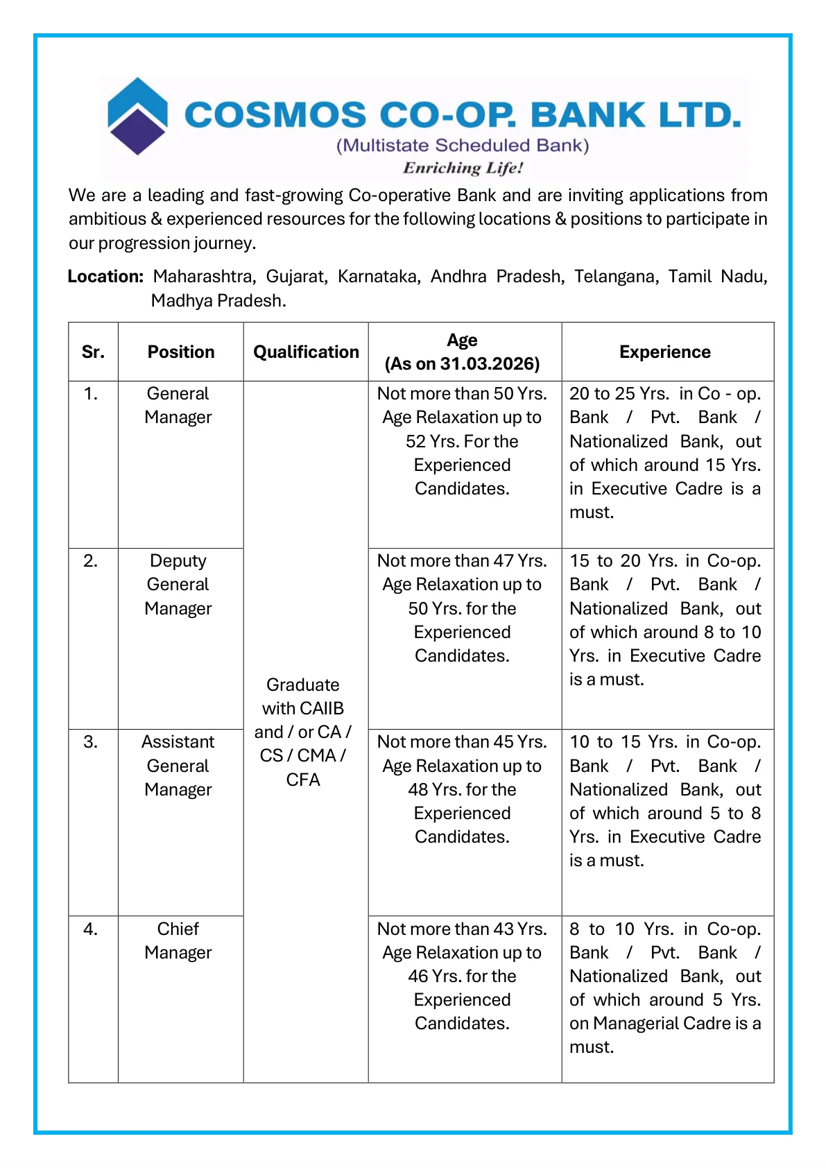 Official Recruitment Notification for Cosmos Co-operative Bank Recruitment 2026 - Apply Online for Manager, General Manager and More Posts