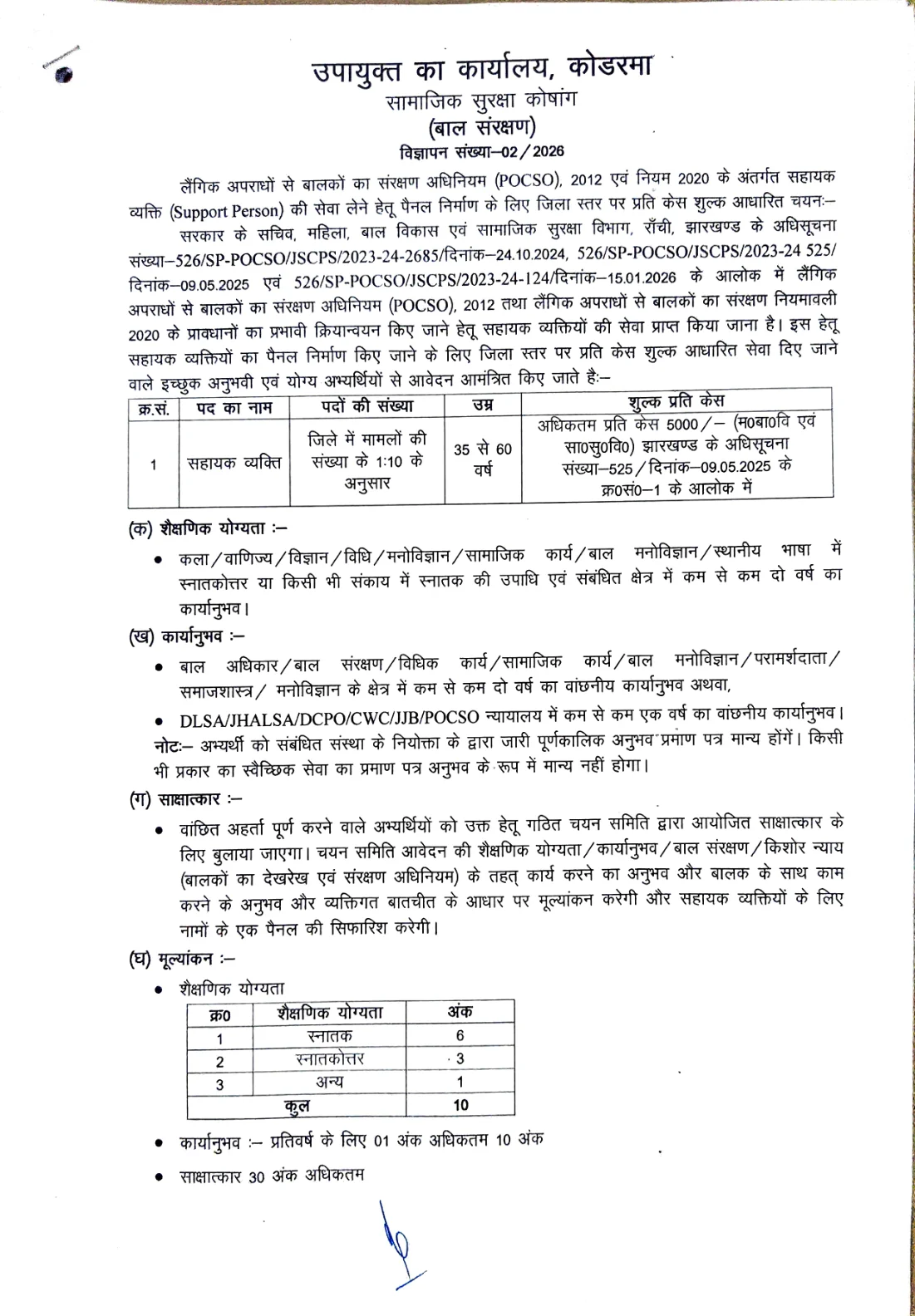 Official Recruitment Notification for CPU Koderma Support Person Recruitment 2026 - Apply Offline
