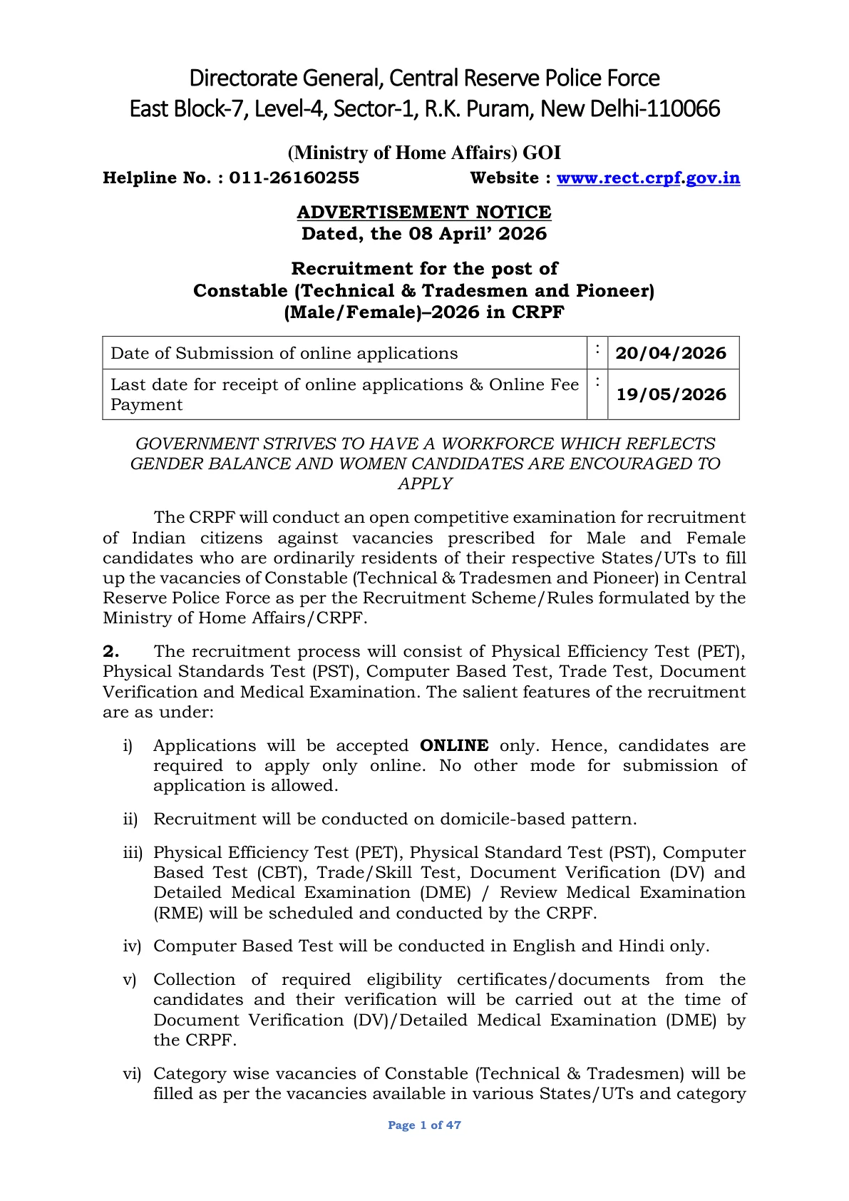 Official Recruitment Notification for CRPF Constable (Tradesman & Technical) Recruitment 2026 - Apply Online for 9195 Constable Tradesman Posts