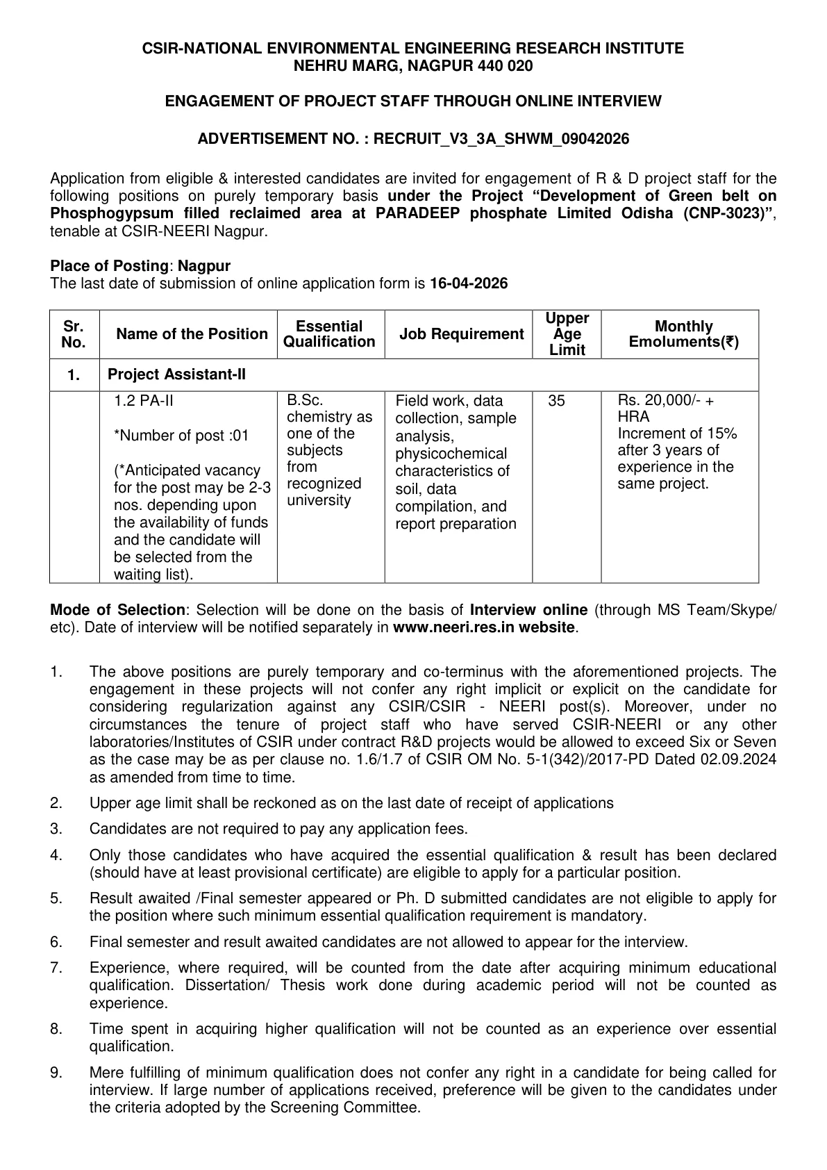 Official Recruitment Notification for CSIR NEERI Project Assistant-II Recruitment 2026 - Apply Online