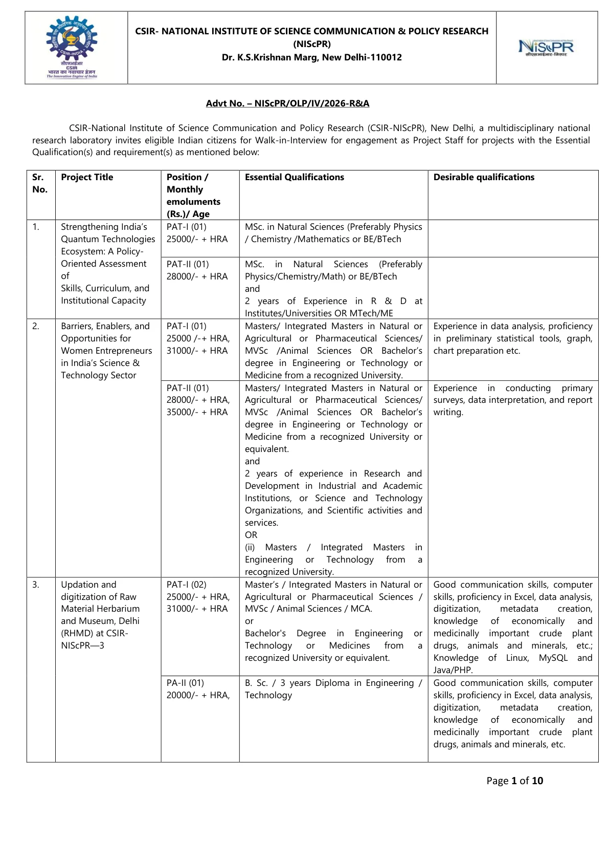 Official Recruitment Notification for CSIR NIScPR Project Staff Recruitment 2026 for 40 Posts: Walk-in Date, Eligibility, Salary and Documents Required
