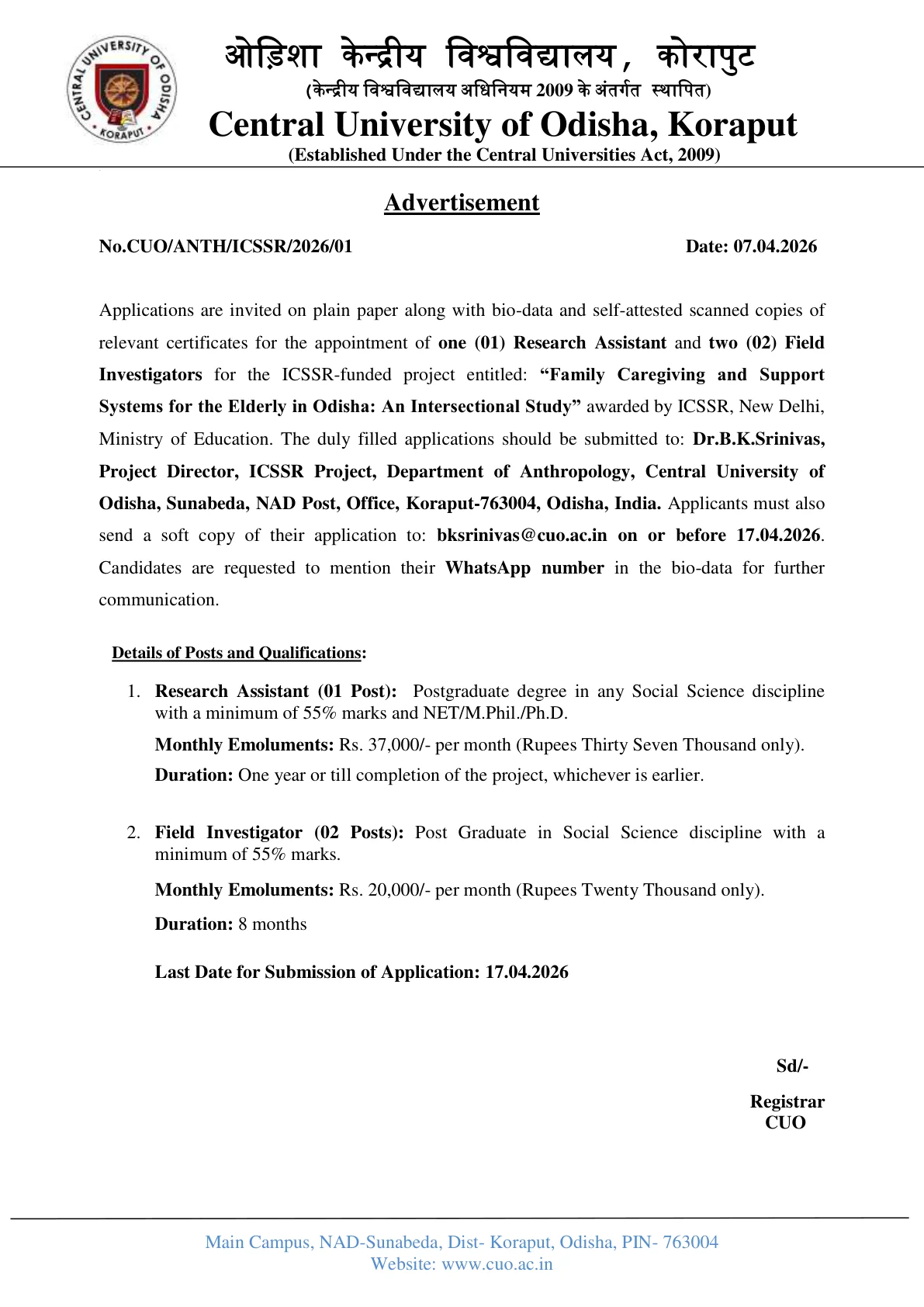 Official Recruitment Notification for CUO Recruitment 2026 - Apply Online for Research Assistant and Field Investigator Posts