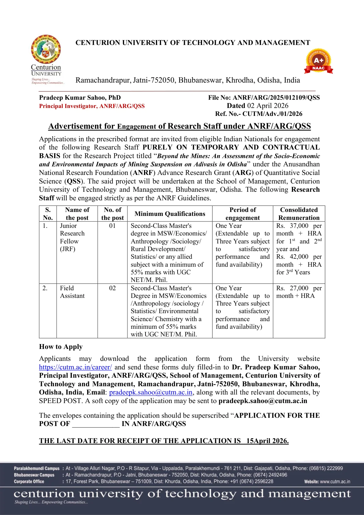 Official Recruitment Notification for CUTM Recruitment 2026 - Apply Offline for Junior Research Fellow, Field Assistant Posts