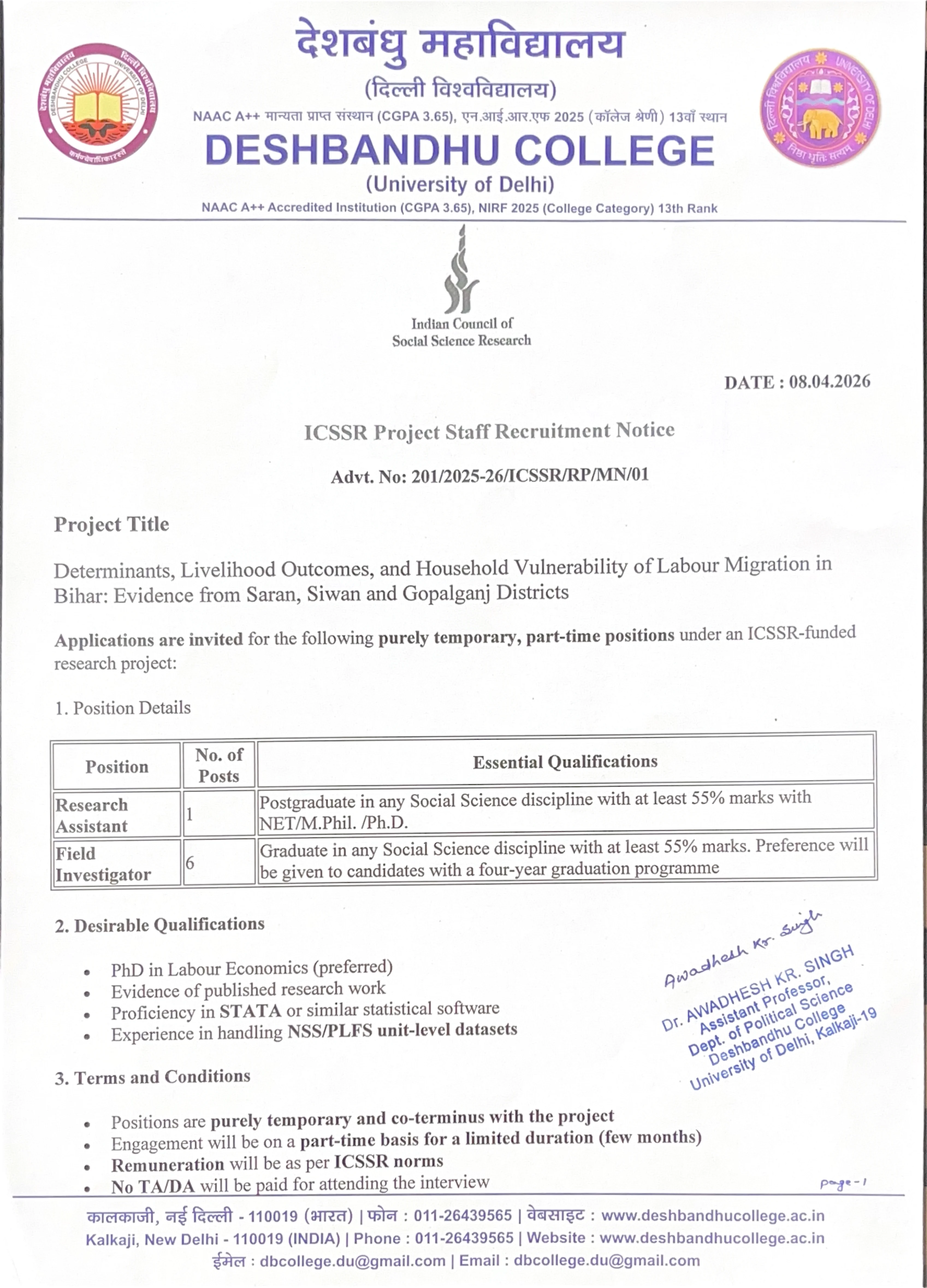Official Recruitment Notification for Deshbandhu College Delhi Recruitment 2026 - Apply Online for Research Assistant, Field Investigator Posts