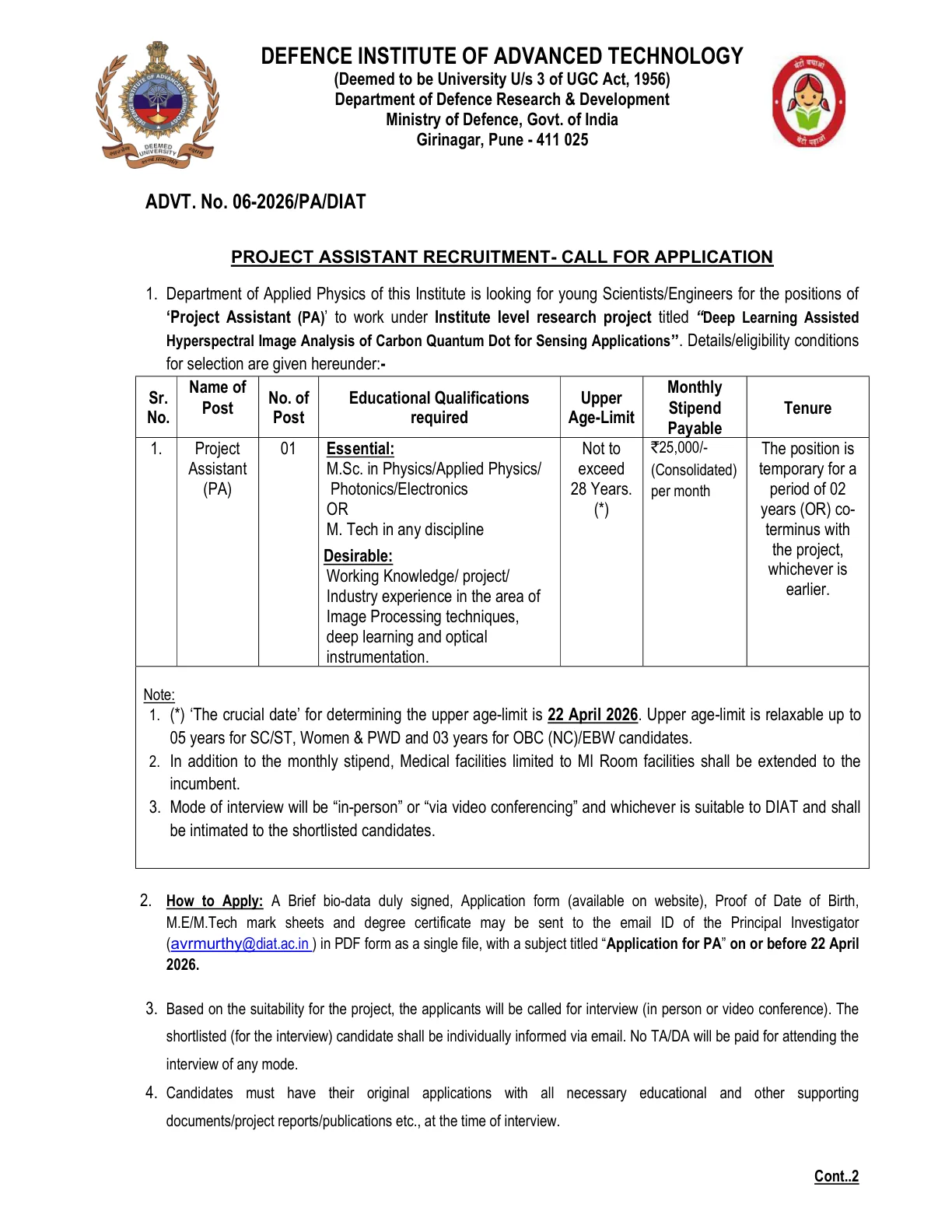 Official Recruitment Notification for DIAT Project Assistant Recruitment 2026 - Apply Online