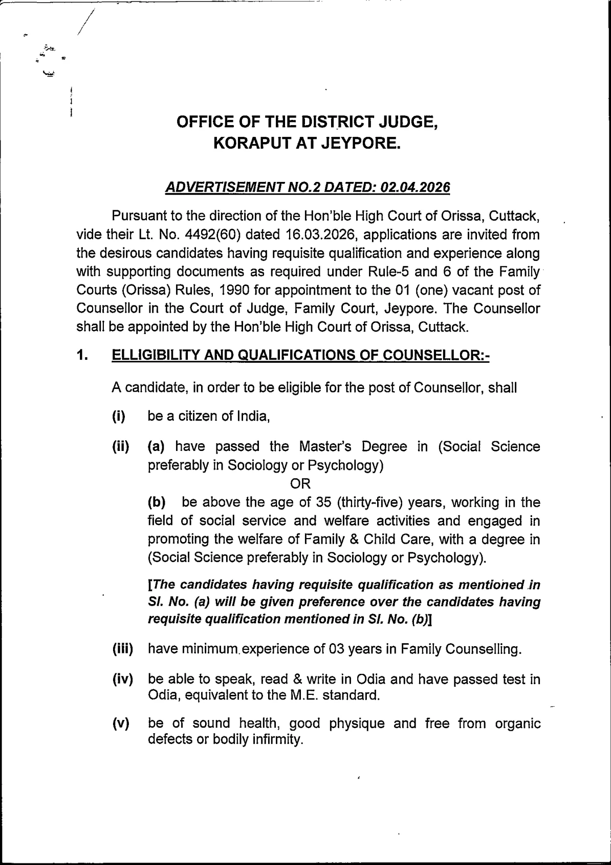 Official Recruitment Notification for District Court Koraput Counsellor Recruitment 2026