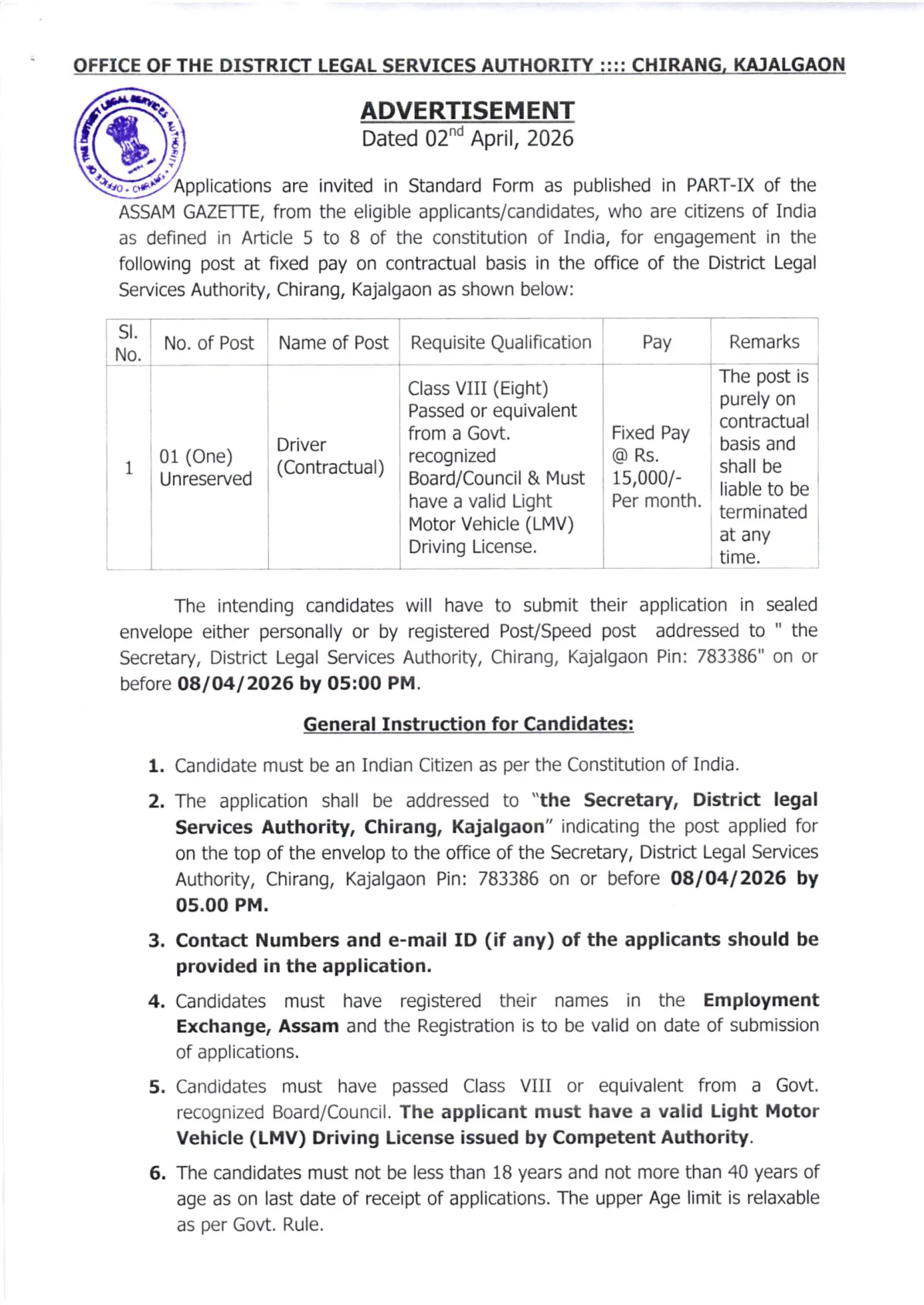 Official Recruitment Notification for DLSA Chirang Driver Recruitment 2026 - Apply Offline