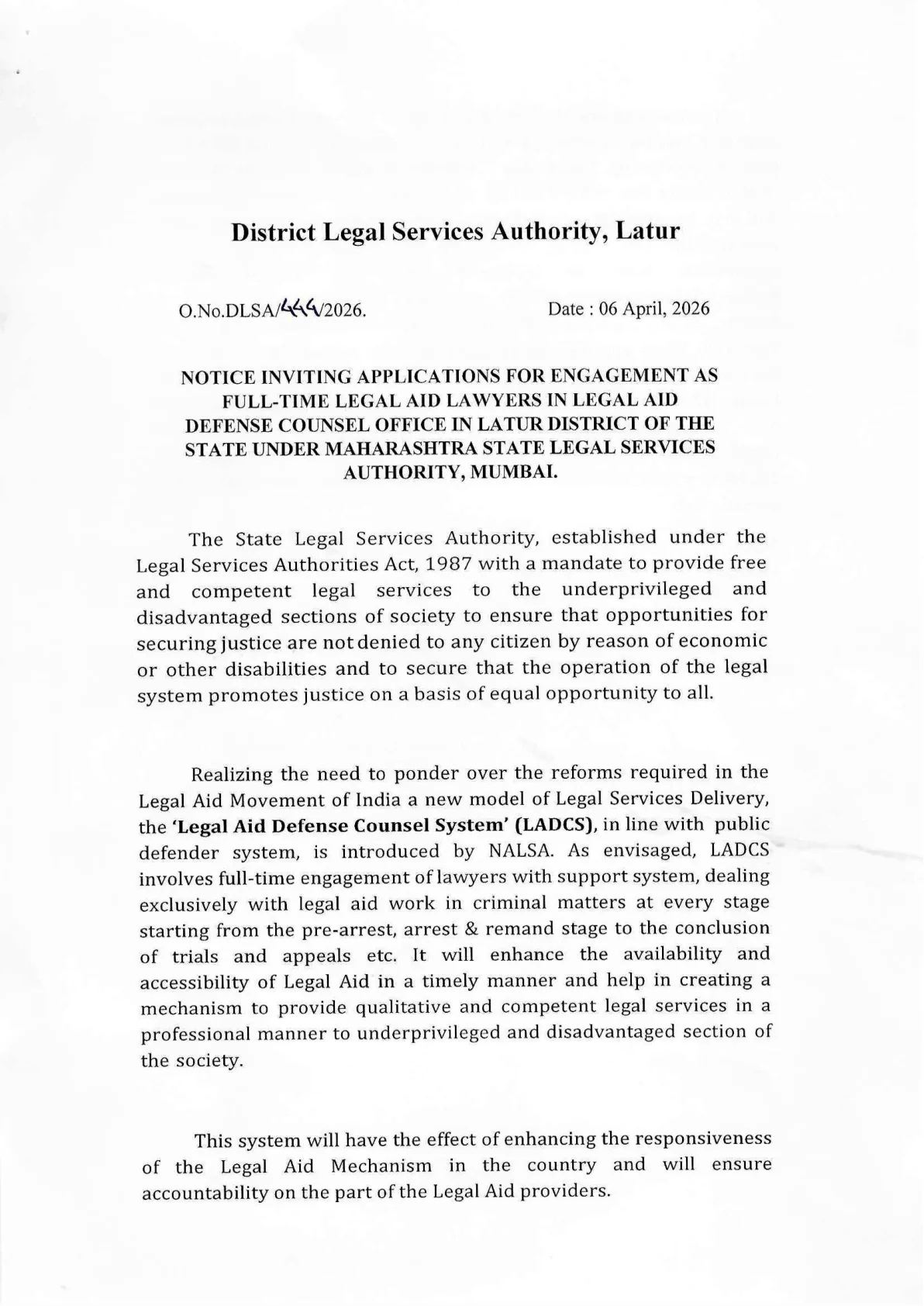 Official Recruitment Notification for DLSA Latur Assistant Legal Aid Defense Counsel Recruitment 2026 - Apply Offline