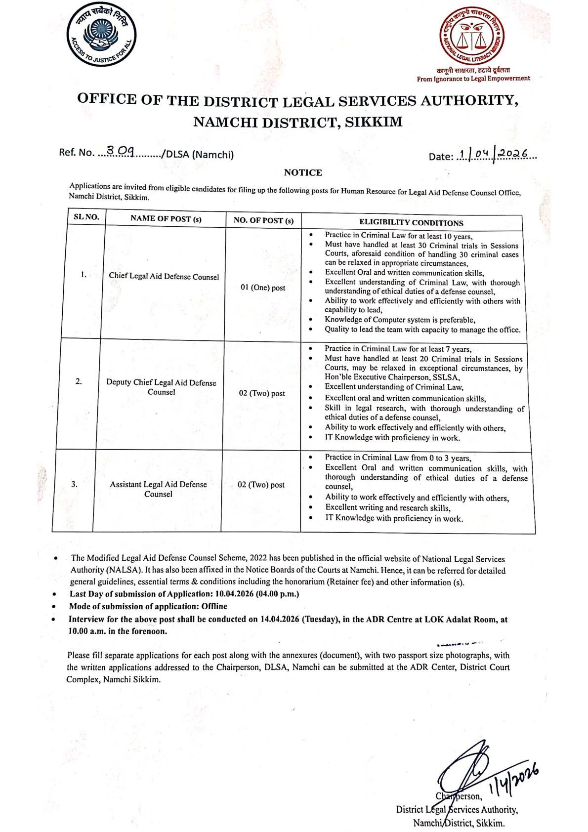 Official Recruitment Notification for DLSA Namchi Recruitment 2026 - Apply Offline for Chief Legal, Assistant Legal and Deputy Chief Legal Posts