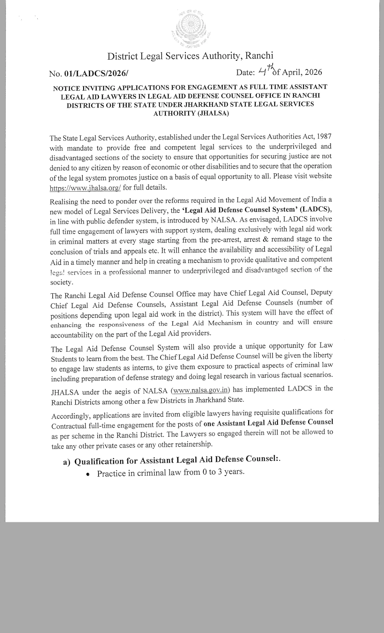 Official Recruitment Notification for DLSA Ranchi Assistant Legal Aid Defense Counsel Recruitment 2026 - Apply Offline