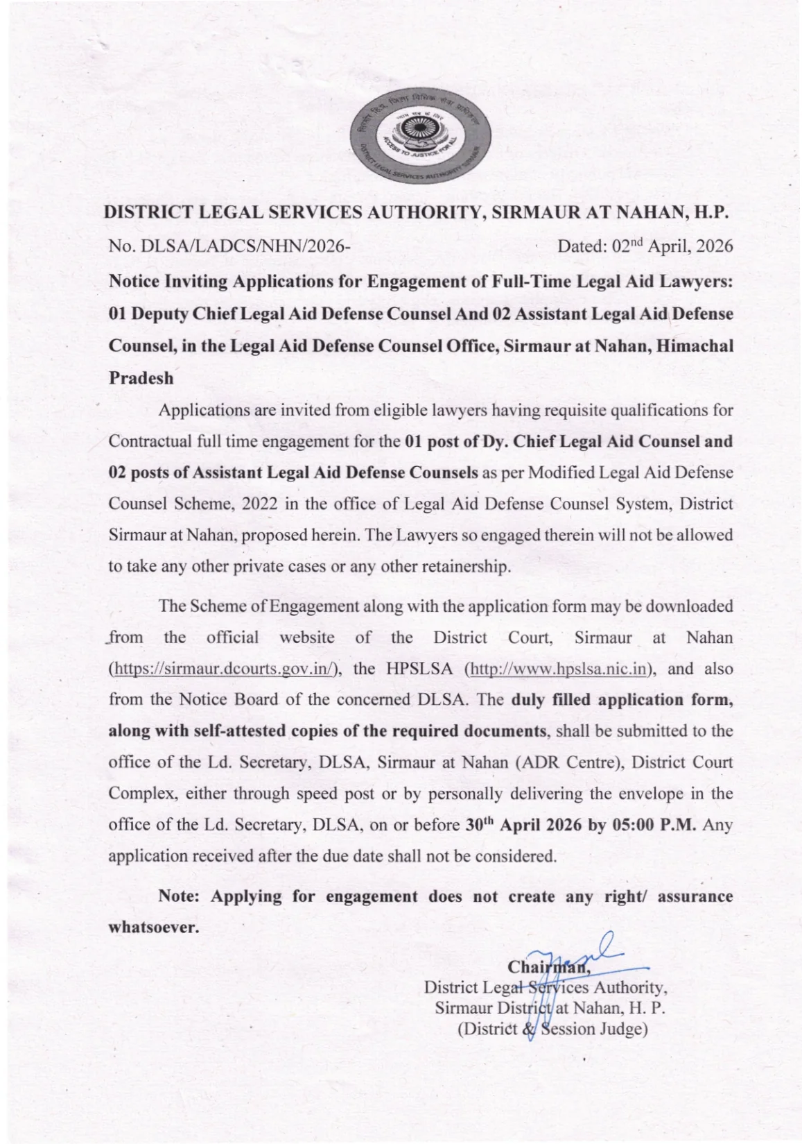 Official Recruitment Notification for DLSA Sirmaur Recruitment 2026 - Apply Offline for Deputy Chief Legal Aid Defense Counsel and Assistant Legal Aid Defense Counsel Posts