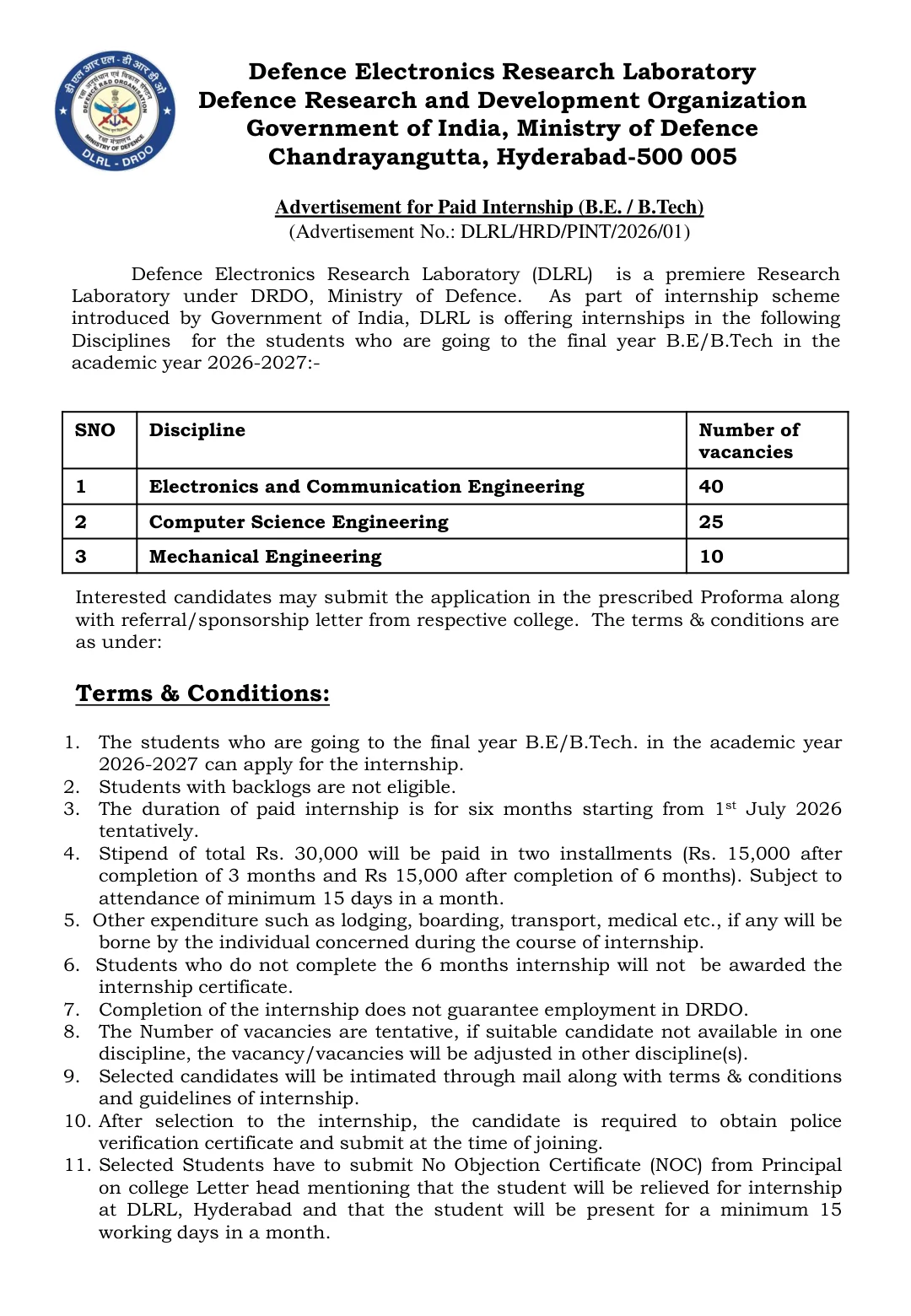 Official Recruitment Notification for DRDO DLRL Internship Recruitment 2026: Apply Offline for 75 Paid Internship Posts in Hyderabad