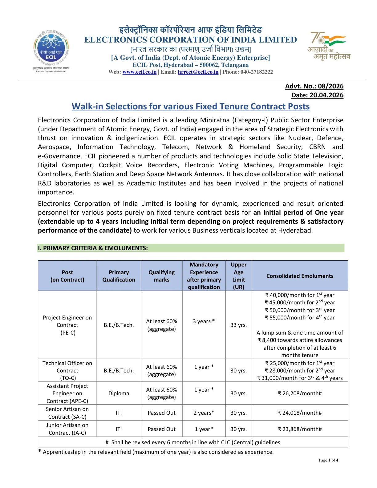 Official Recruitment Notification for ECIL Recruitment 2026: walk-in for 24 Project Engineer, Technical Officer, Assistant Project Engineer and Artisan posts