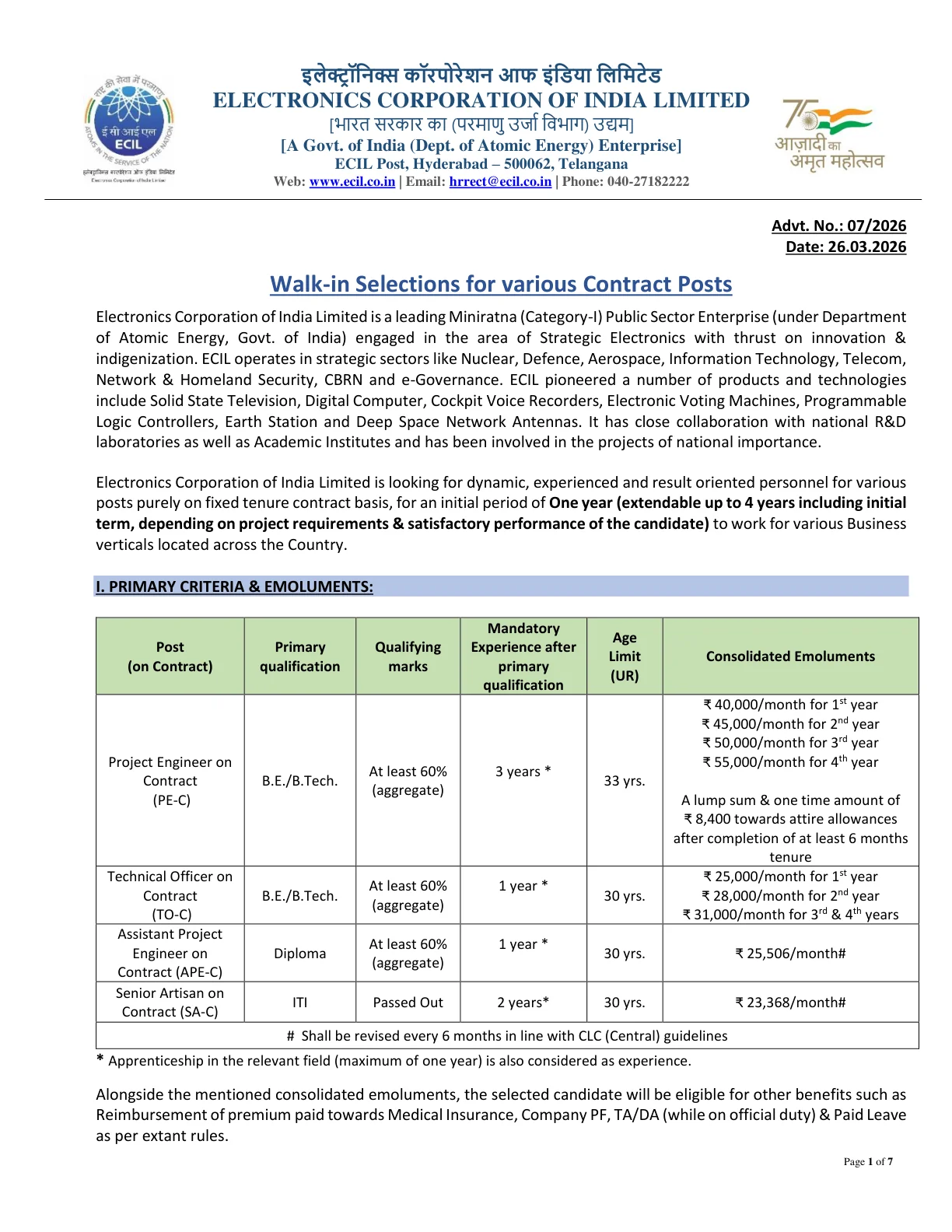 Official Recruitment Notification for ECIL Recruitment 2026 – Walk-in for 32 Project Engineer, Technical Officer, APE & Senior Artisan Posts
